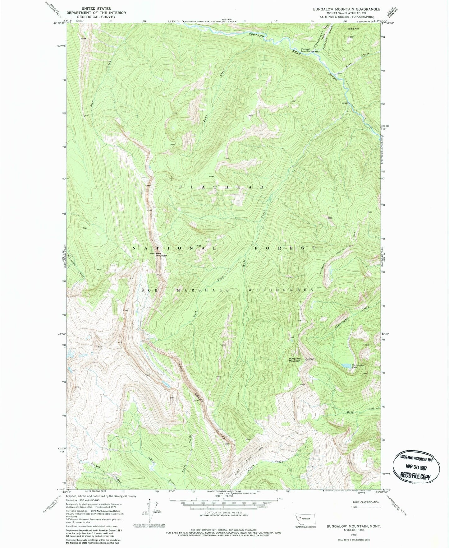 Classic USGS Bungalow Mountain Montana 7.5'x7.5' Topo Map Image
