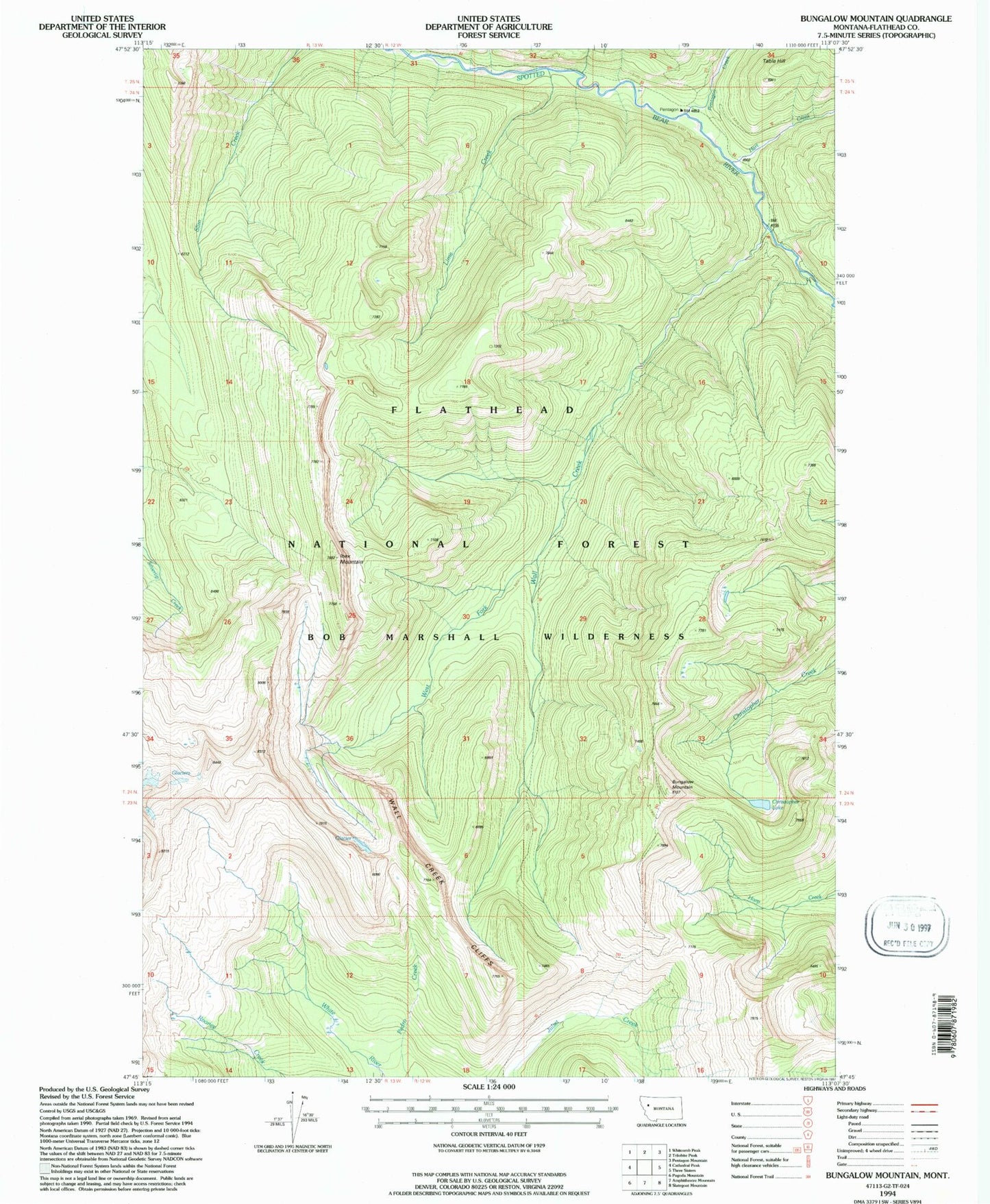 Classic USGS Bungalow Mountain Montana 7.5'x7.5' Topo Map Image