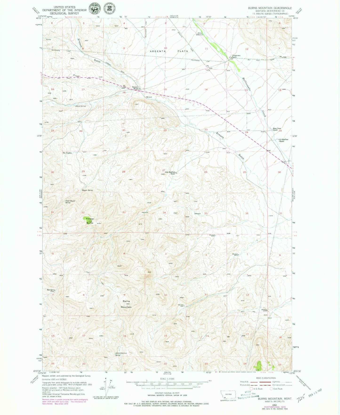 Classic USGS Burns Mountain Montana 7.5'x7.5' Topo Map Image