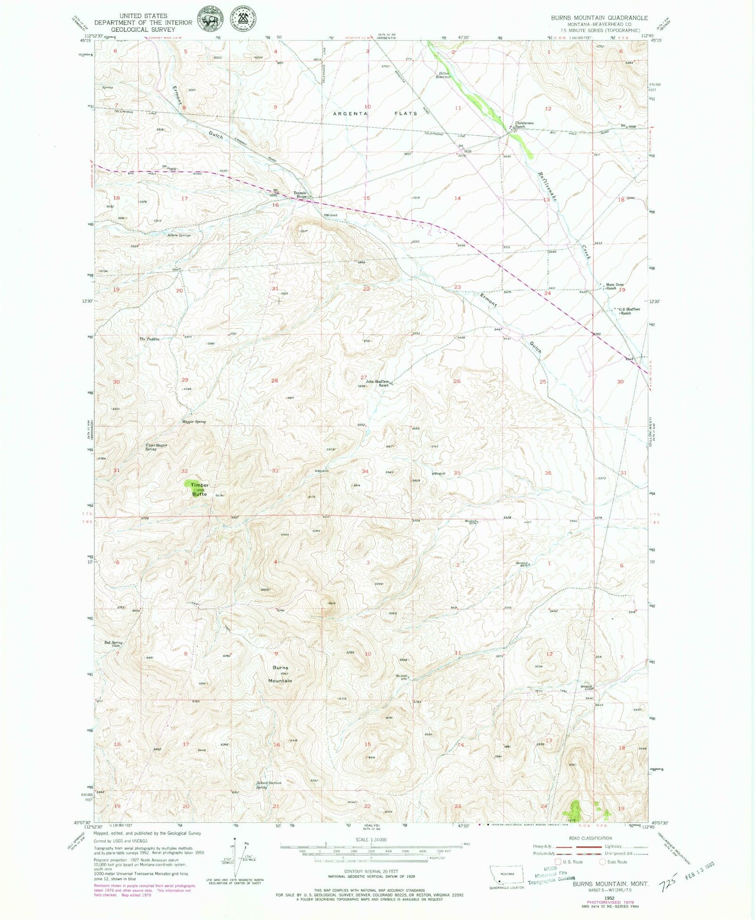 Classic USGS Burns Mountain Montana 7.5'x7.5' Topo Map Image