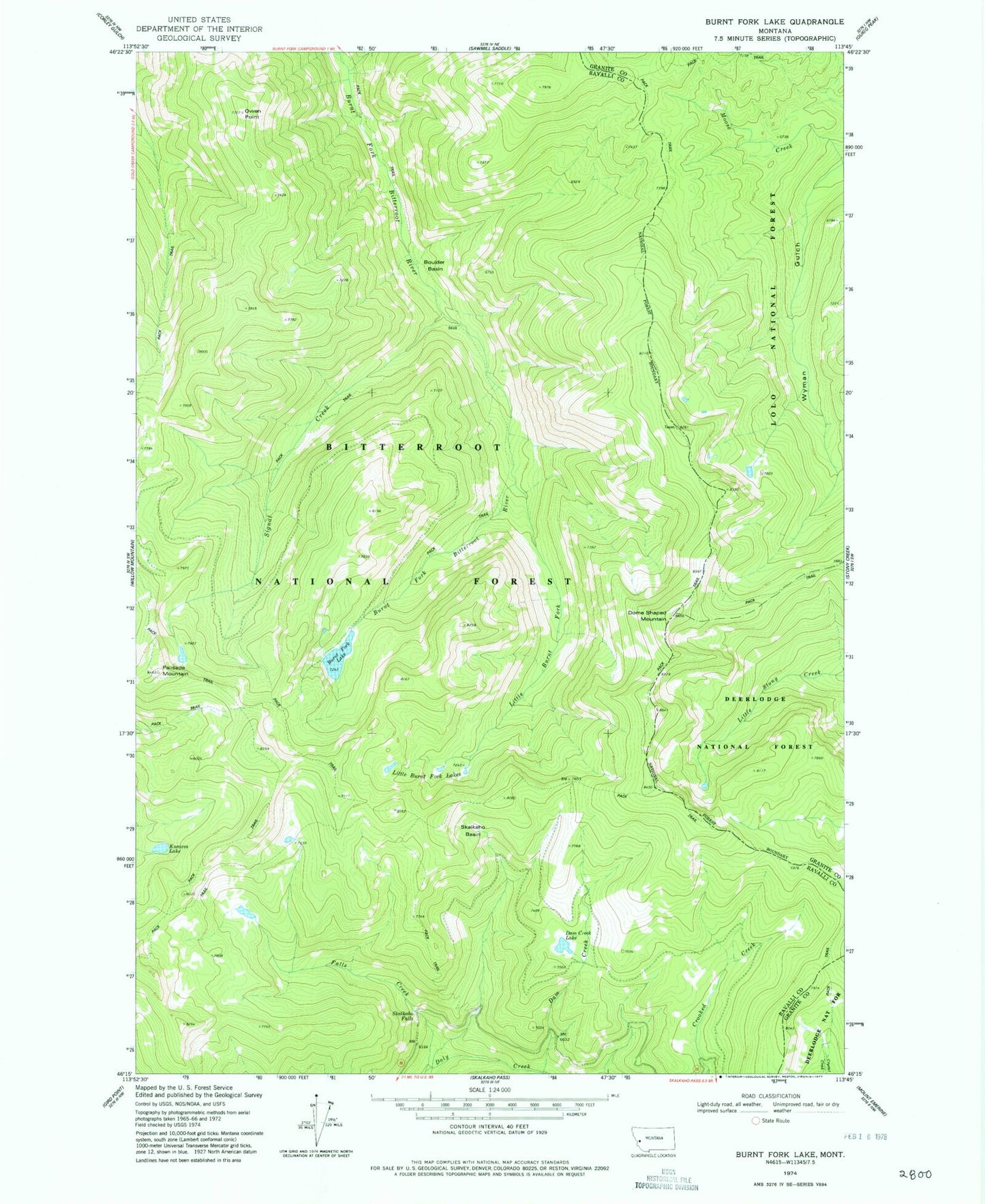 Classic USGS Burnt Fork Lake Montana 7.5'x7.5' Topo Map Image