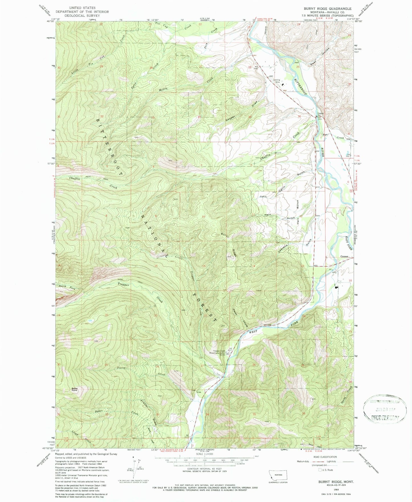 Classic USGS Burnt Ridge Montana 7.5'x7.5' Topo Map Image