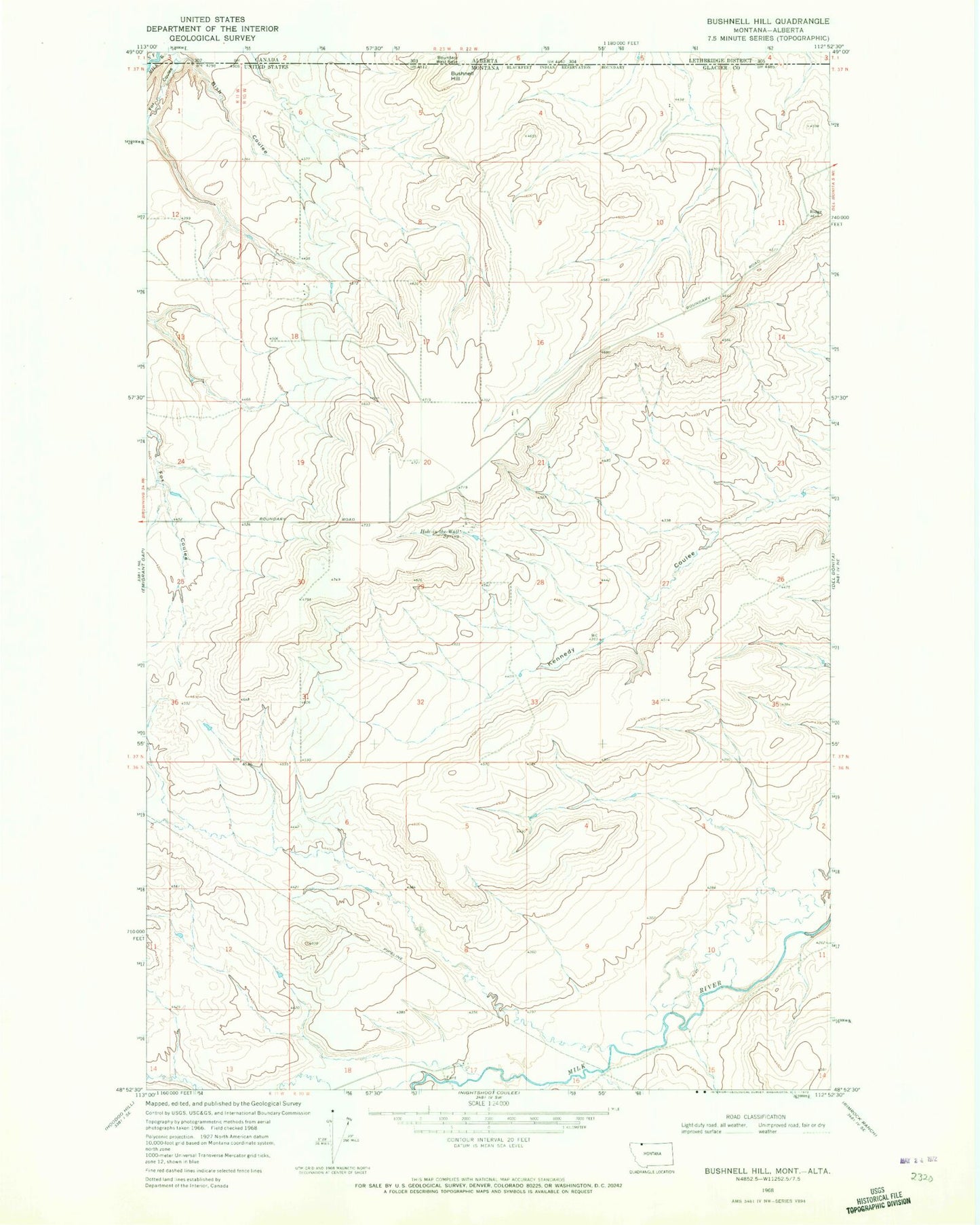 Classic USGS Bushnell Hill Montana 7.5'x7.5' Topo Map Image