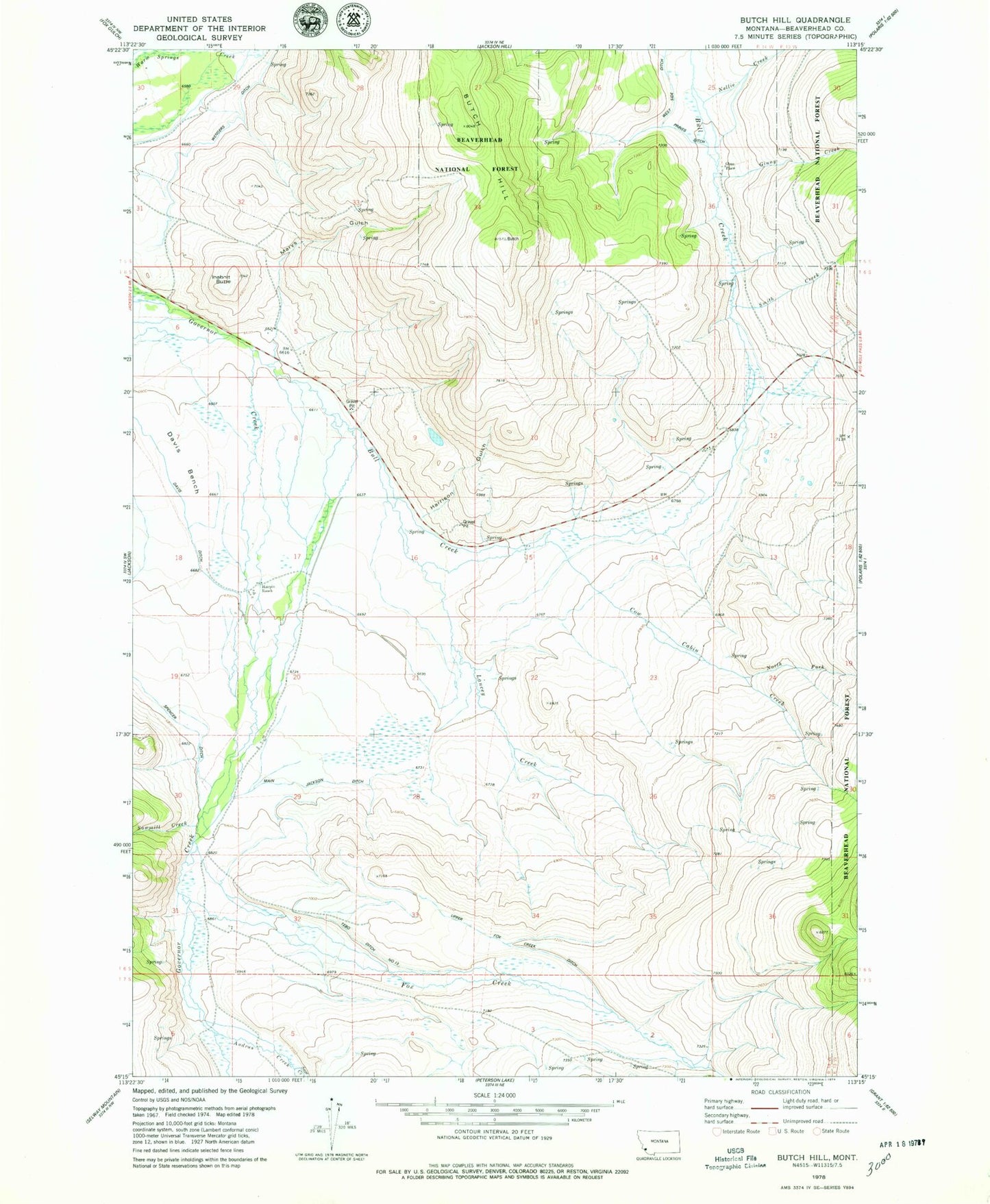 Classic USGS Butch Hill Montana 7.5'x7.5' Topo Map Image
