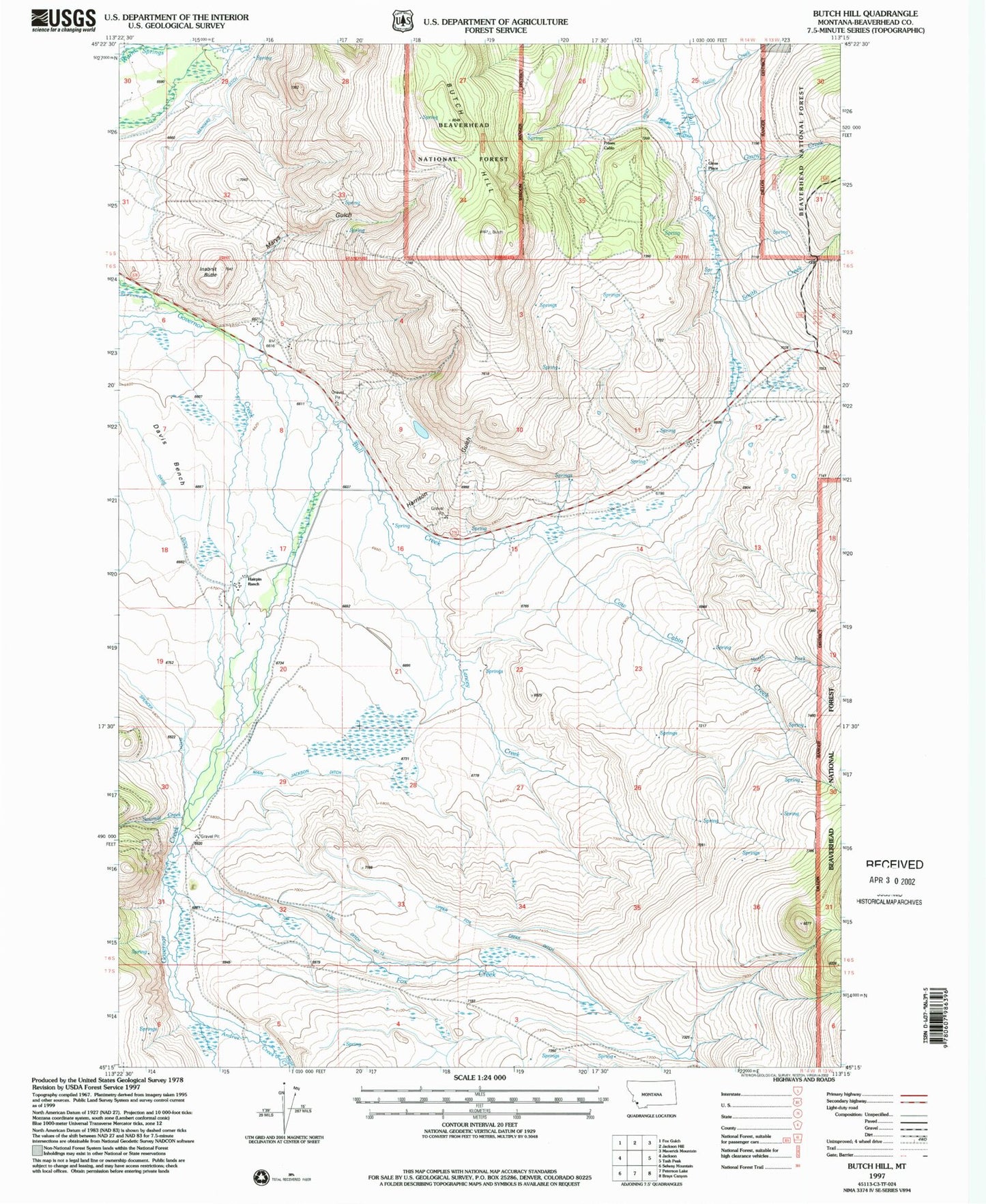 Classic USGS Butch Hill Montana 7.5'x7.5' Topo Map Image