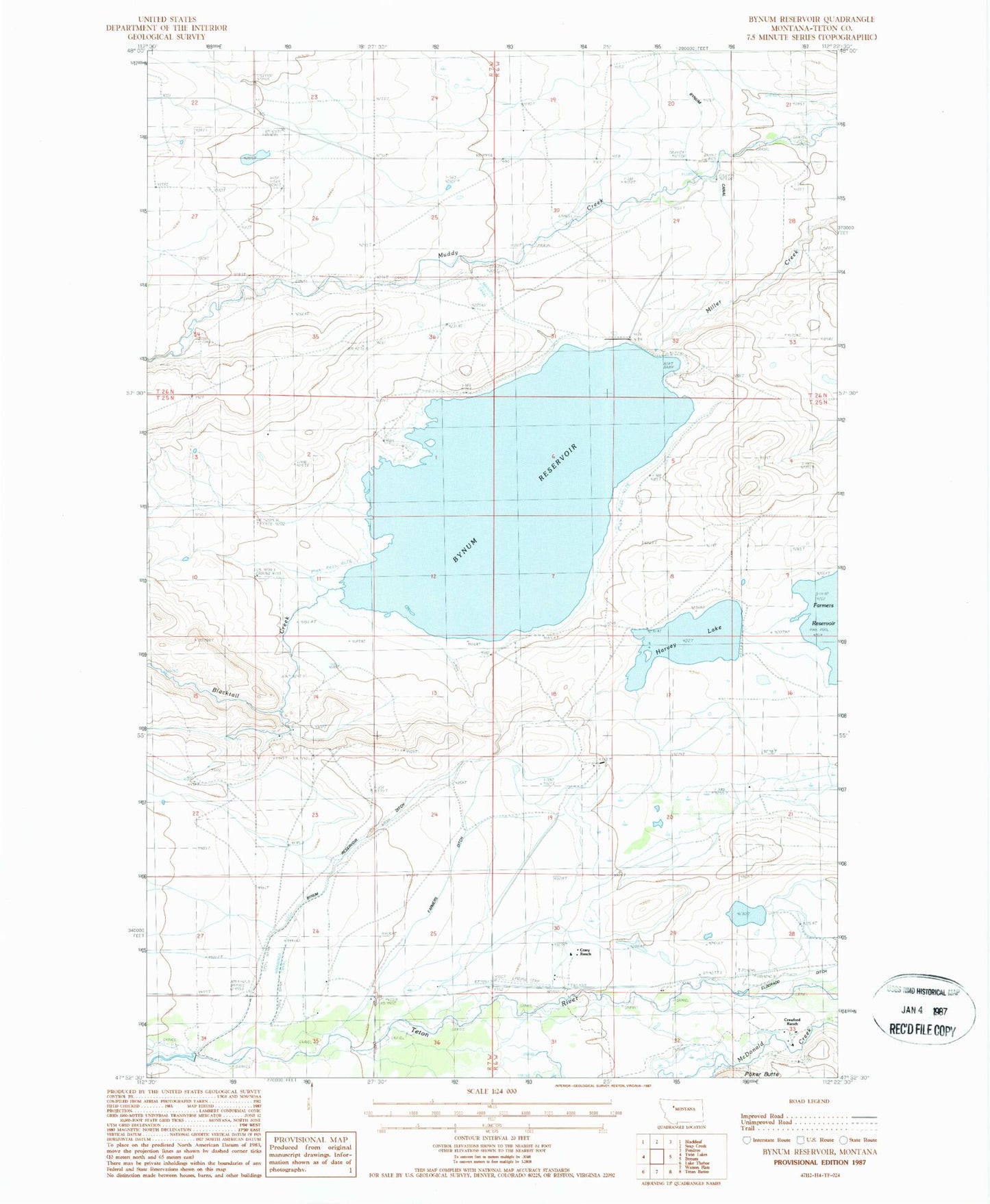 Classic USGS Bynum Reservoir Montana 7.5'x7.5' Topo Map Image