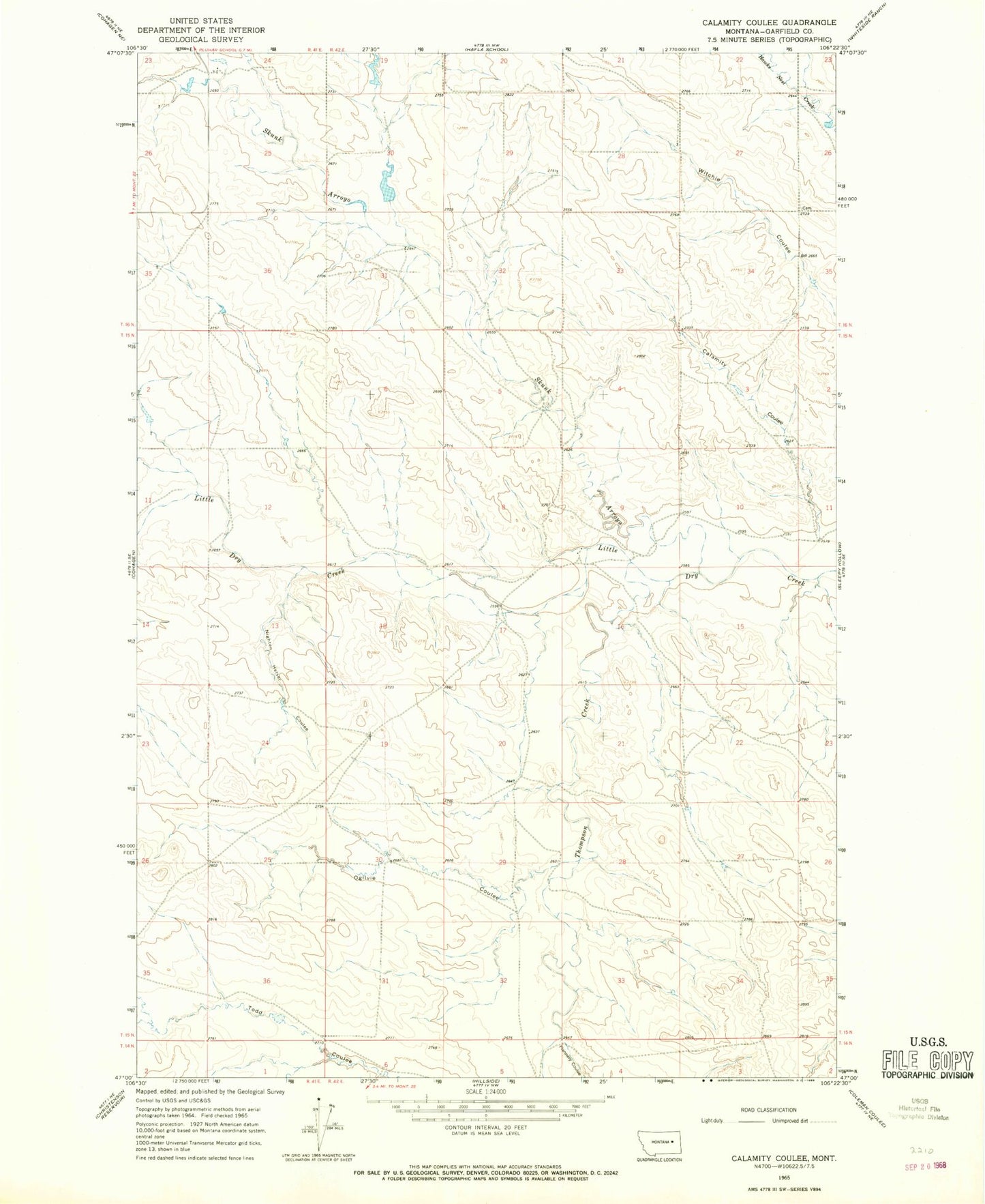 Classic USGS Calamity Coulee Montana 7.5'x7.5' Topo Map Image