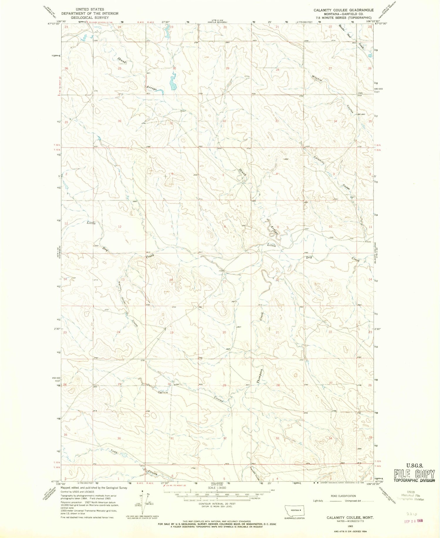 Classic USGS Calamity Coulee Montana 7.5'x7.5' Topo Map Image