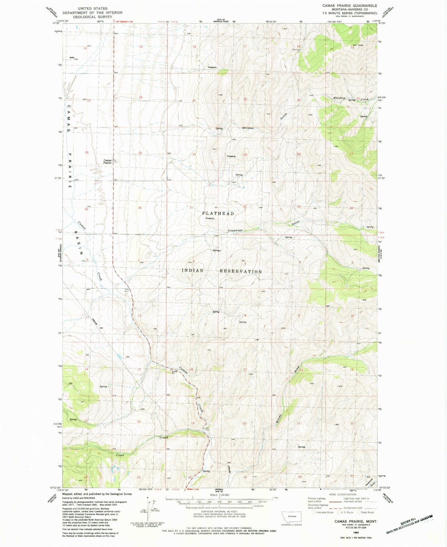 Classic USGS Camas Prairie Montana 7.5'x7.5' Topo Map Image