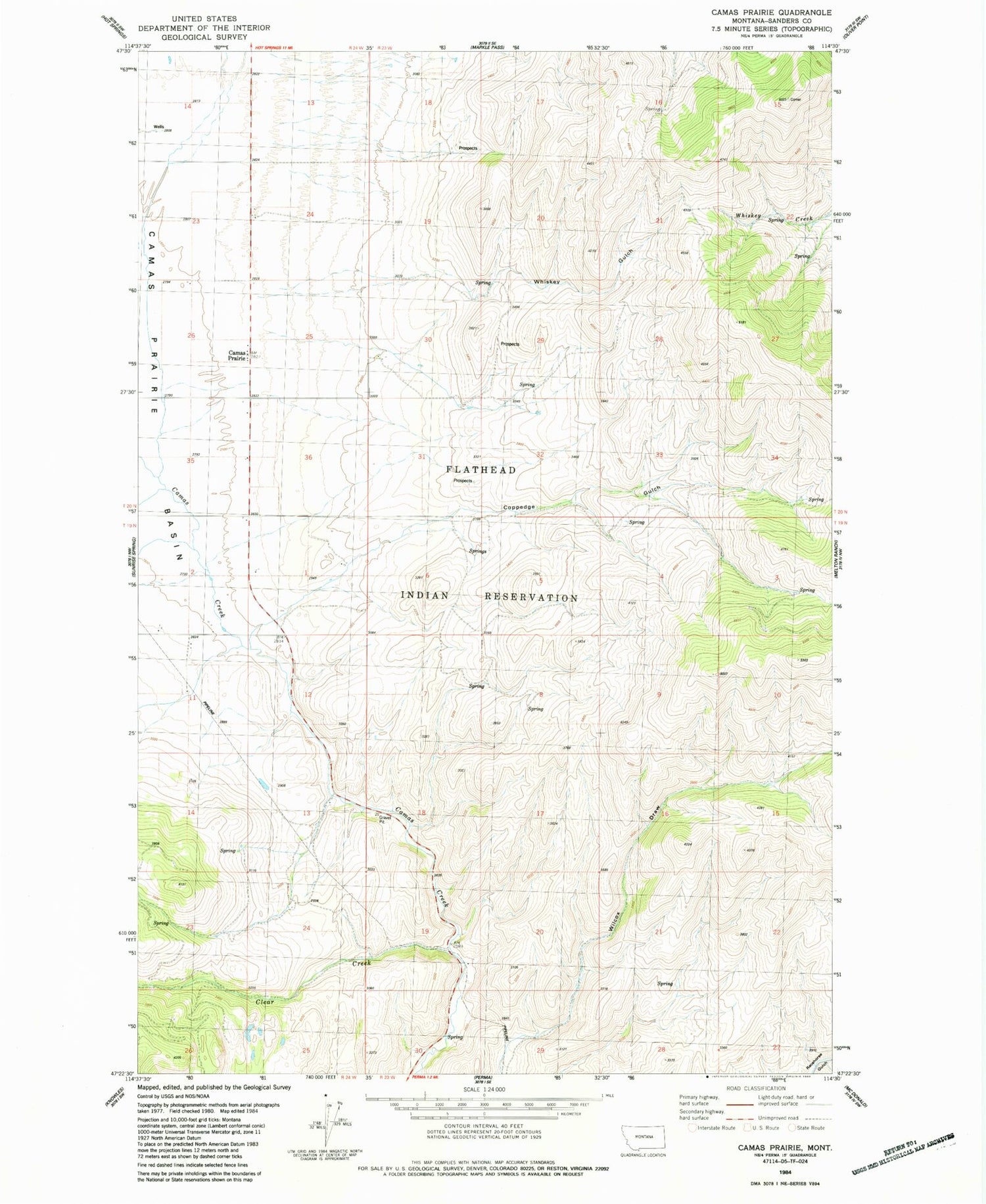 Classic USGS Camas Prairie Montana 7.5'x7.5' Topo Map Image
