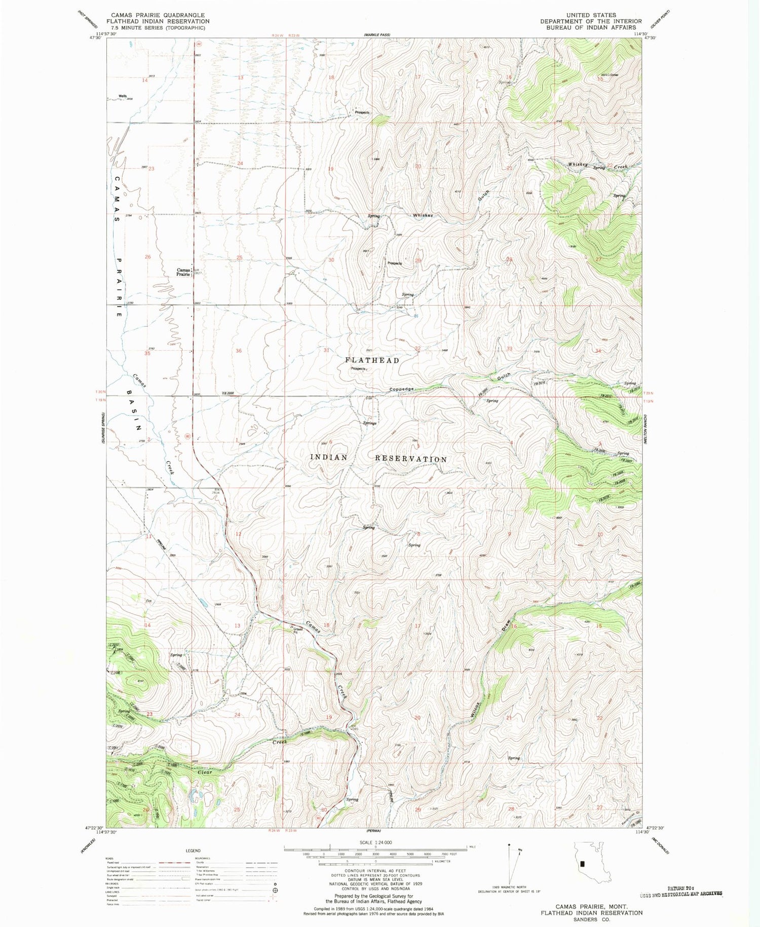 Classic USGS Camas Prairie Montana 7.5'x7.5' Topo Map Image