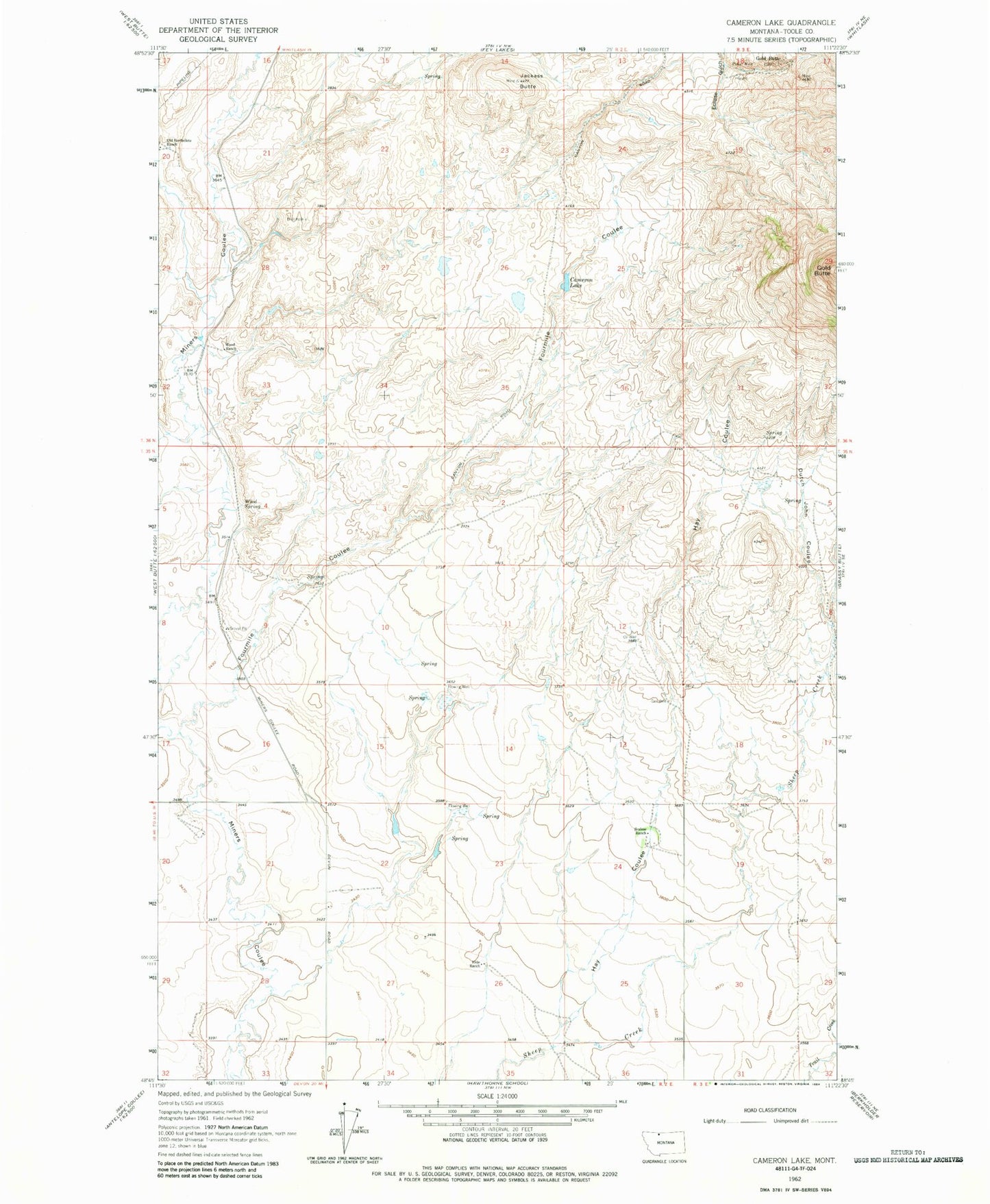 Classic USGS Cameron Lake Montana 7.5'x7.5' Topo Map Image