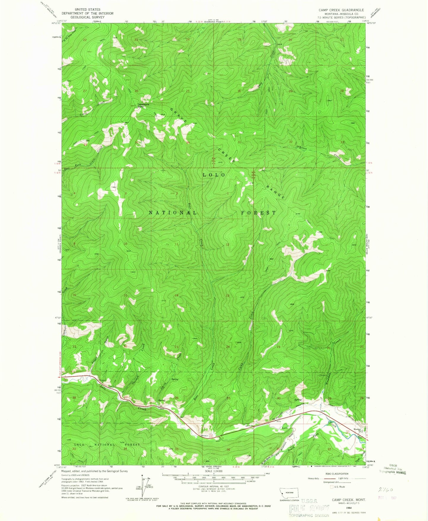 Classic USGS Camp Creek Montana 7.5'x7.5' Topo Map Image