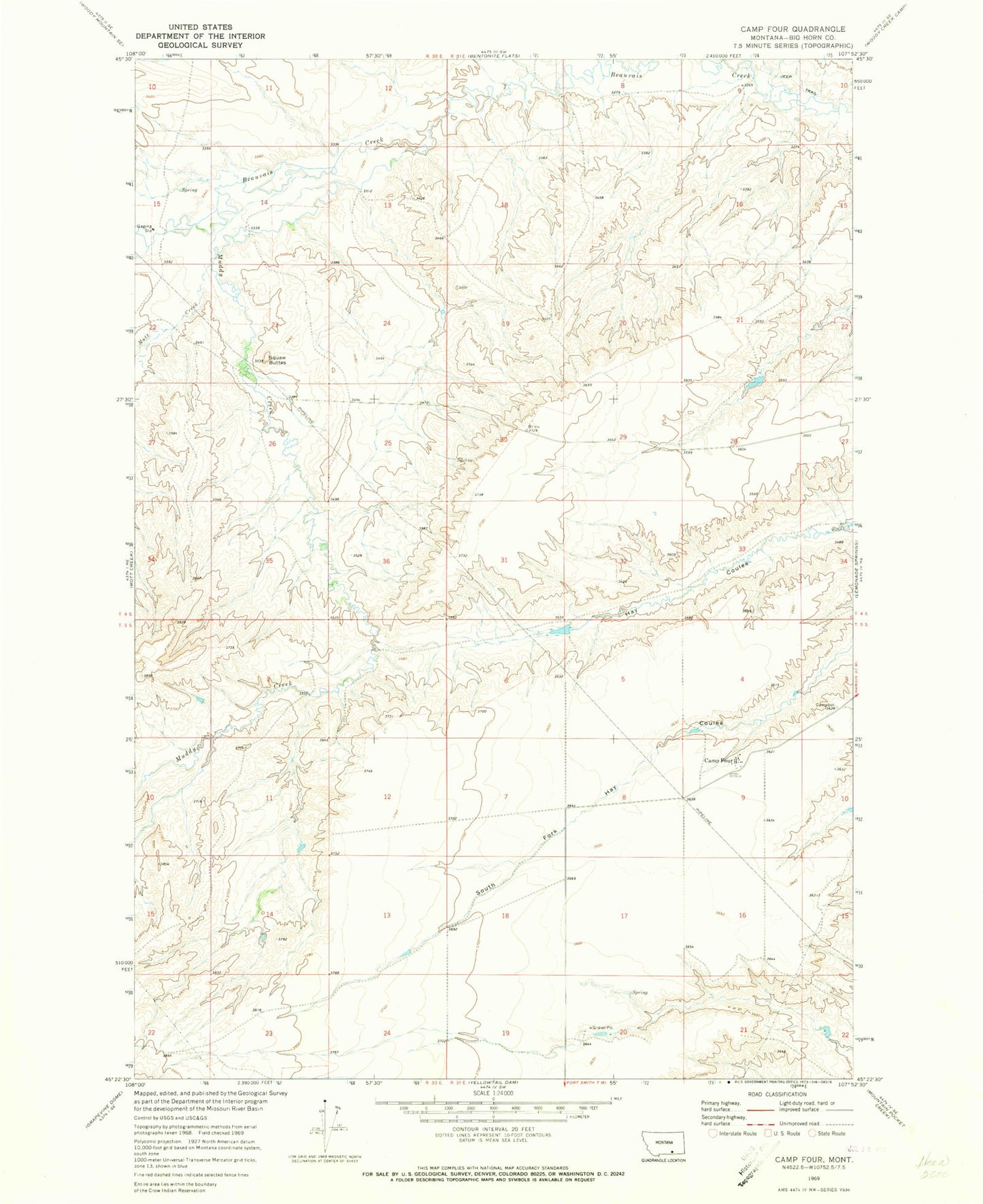 Classic USGS Camp Four Montana 7.5'x7.5' Topo Map Image