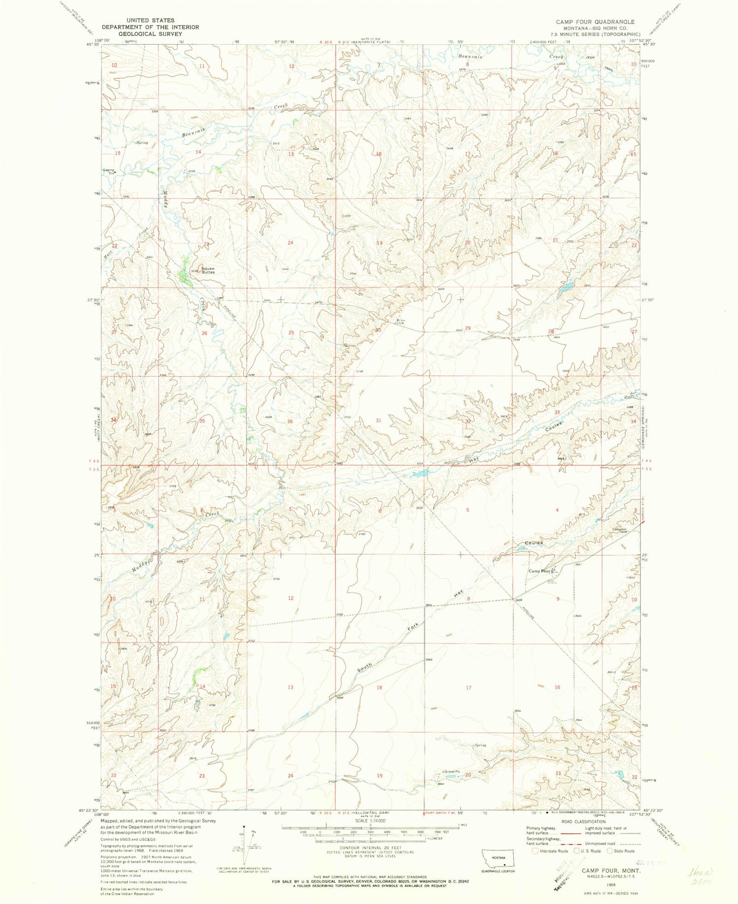 Classic USGS Camp Four Montana 7.5'x7.5' Topo Map Image