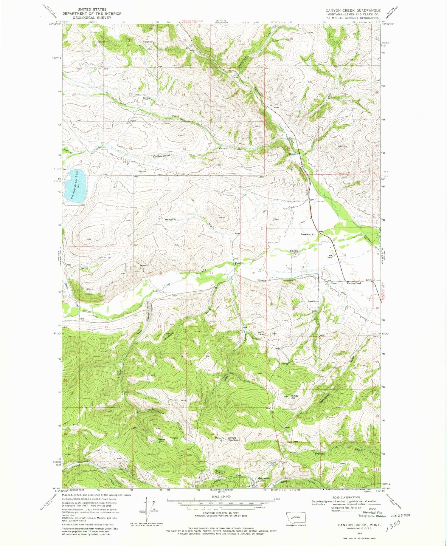 Classic USGS Canyon Creek Montana 7.5'x7.5' Topo Map Image