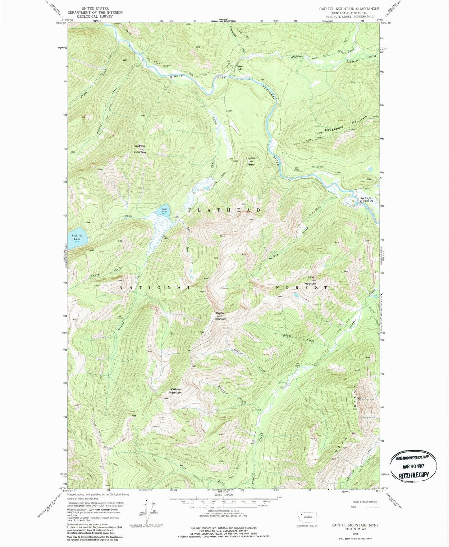 Classic USGS Capitol Mountain Montana 7.5'x7.5' Topo Map Image