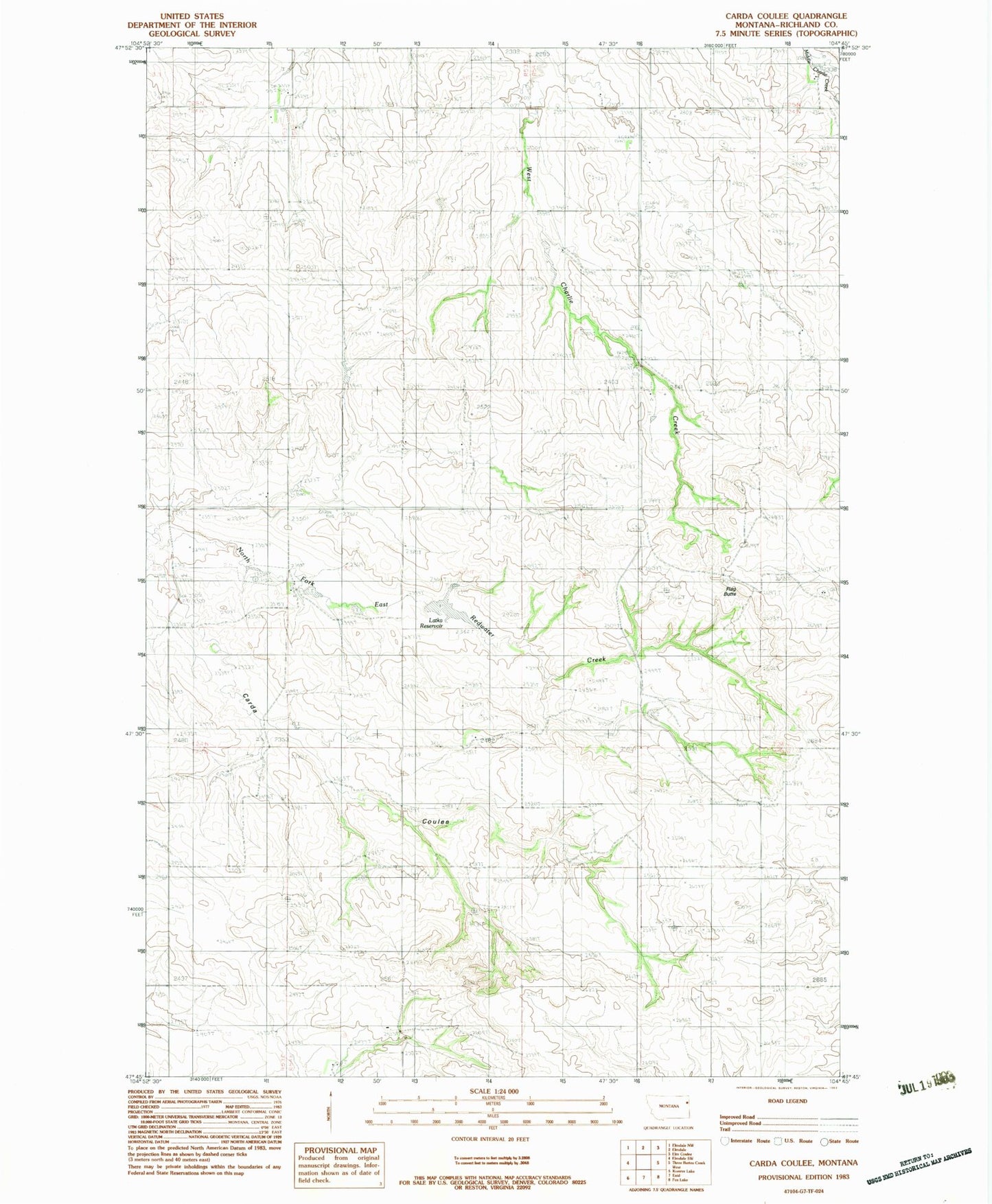 Classic USGS Carda Coulee Montana 7.5'x7.5' Topo Map Image