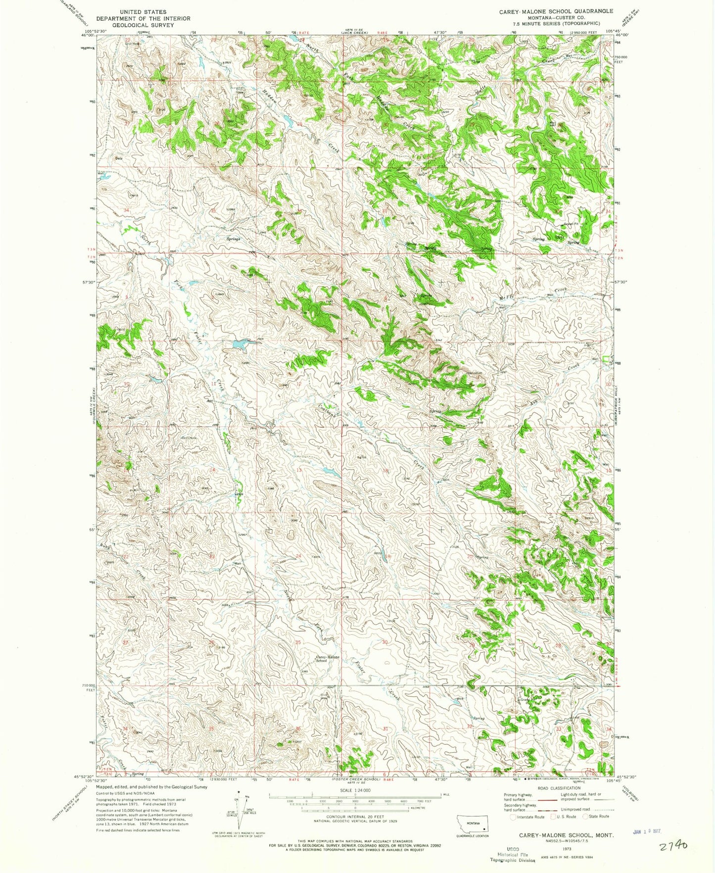 Classic USGS Carey-Malone School Montana 7.5'x7.5' Topo Map Image