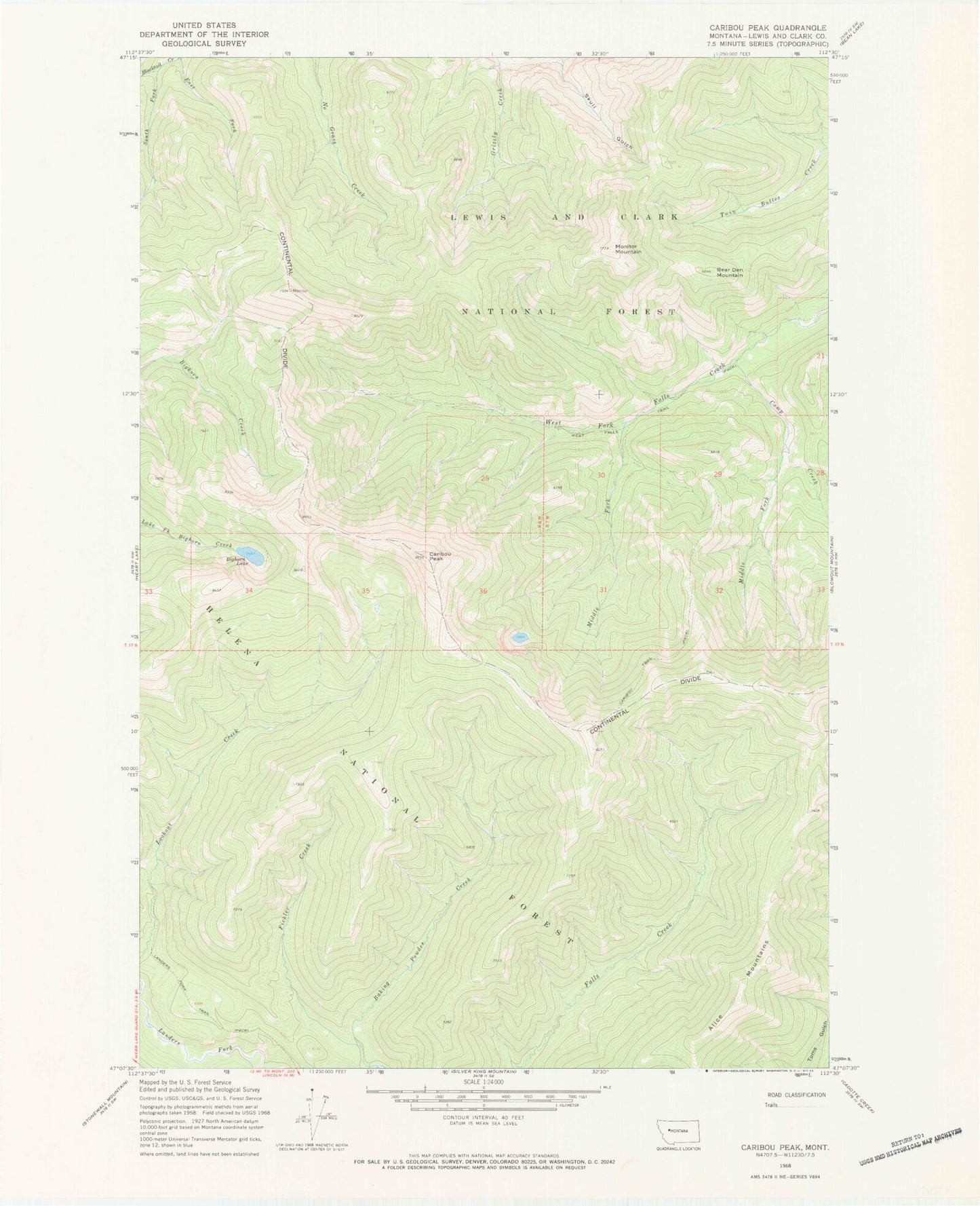 Classic USGS Caribou Peak Montana 7.5'x7.5' Topo Map Image