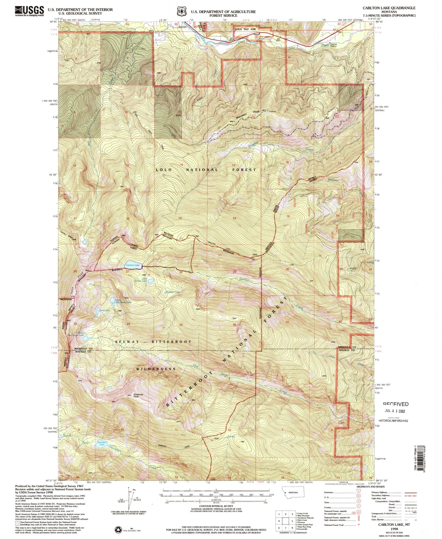 Classic USGS Carlton Lake Montana 7.5'x7.5' Topo Map Image