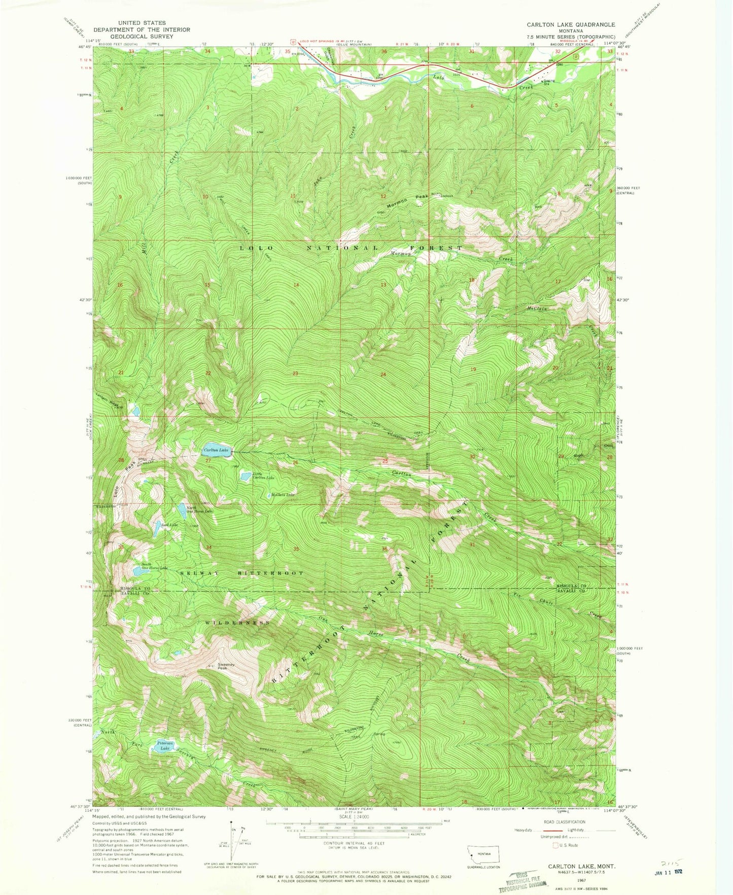 Classic USGS Carlton Lake Montana 7.5'x7.5' Topo Map Image