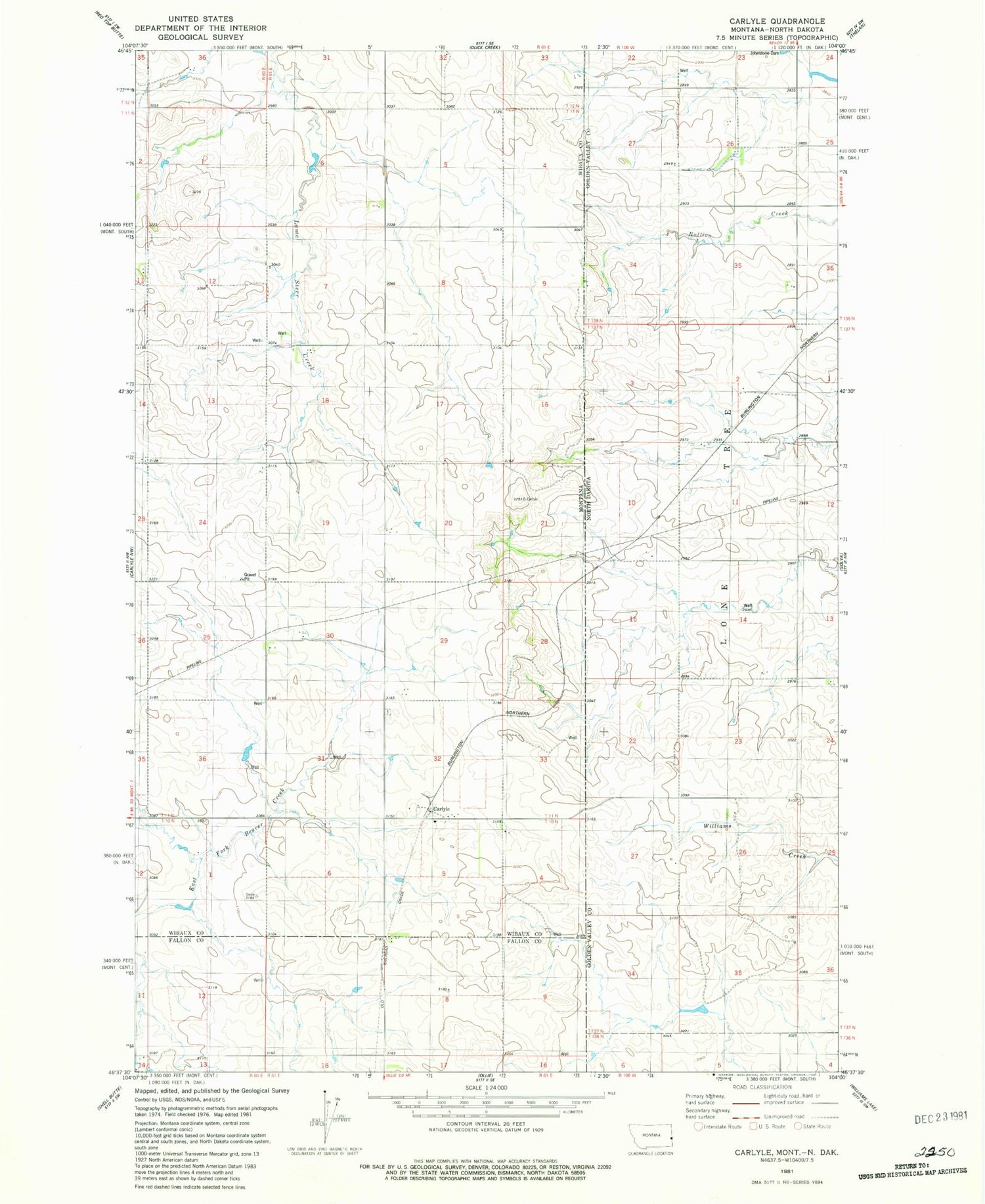 Classic USGS Carlyle Montana 7.5'x7.5' Topo Map Image