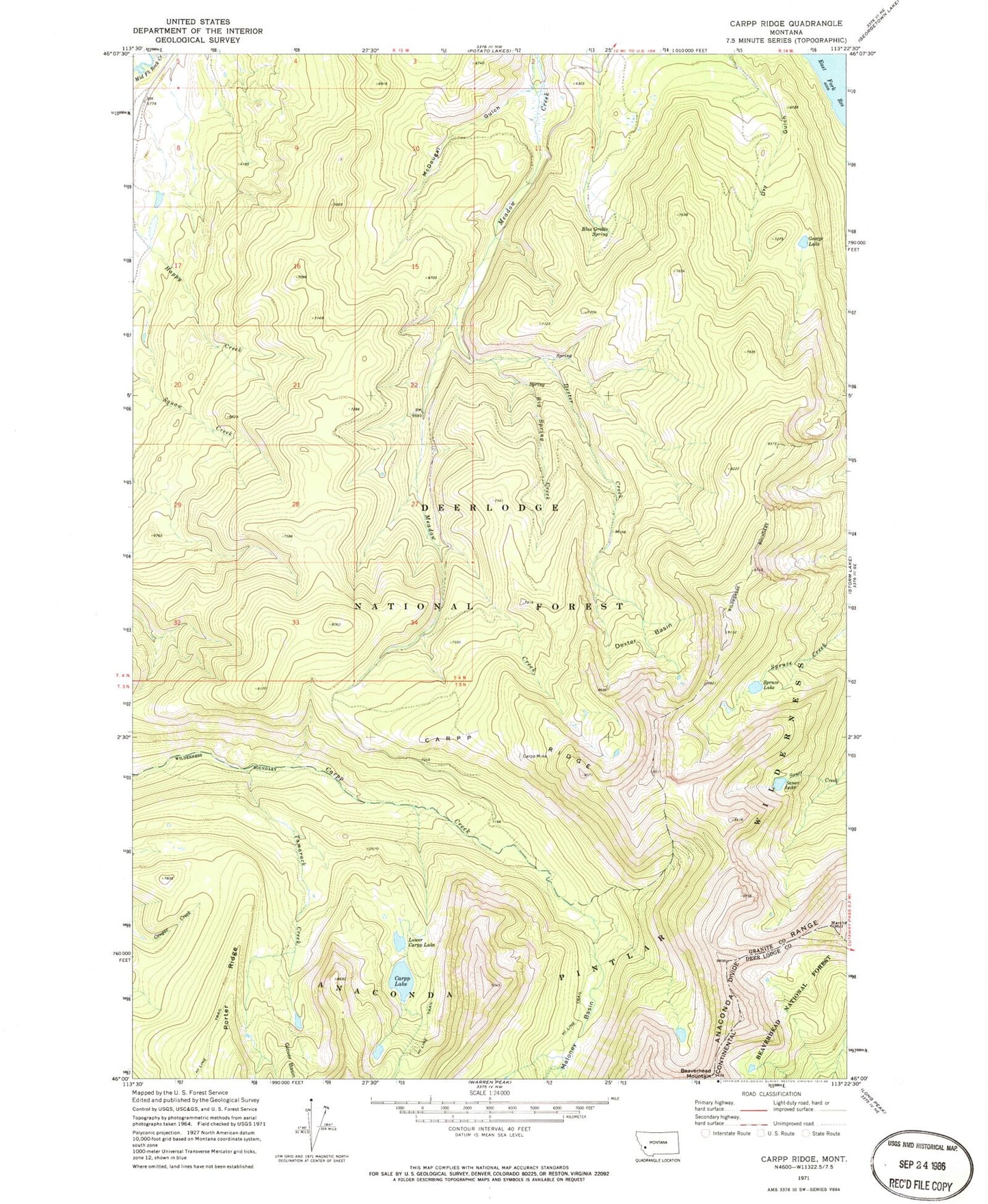 Classic USGS Carpp Ridge Montana 7.5'x7.5' Topo Map Image