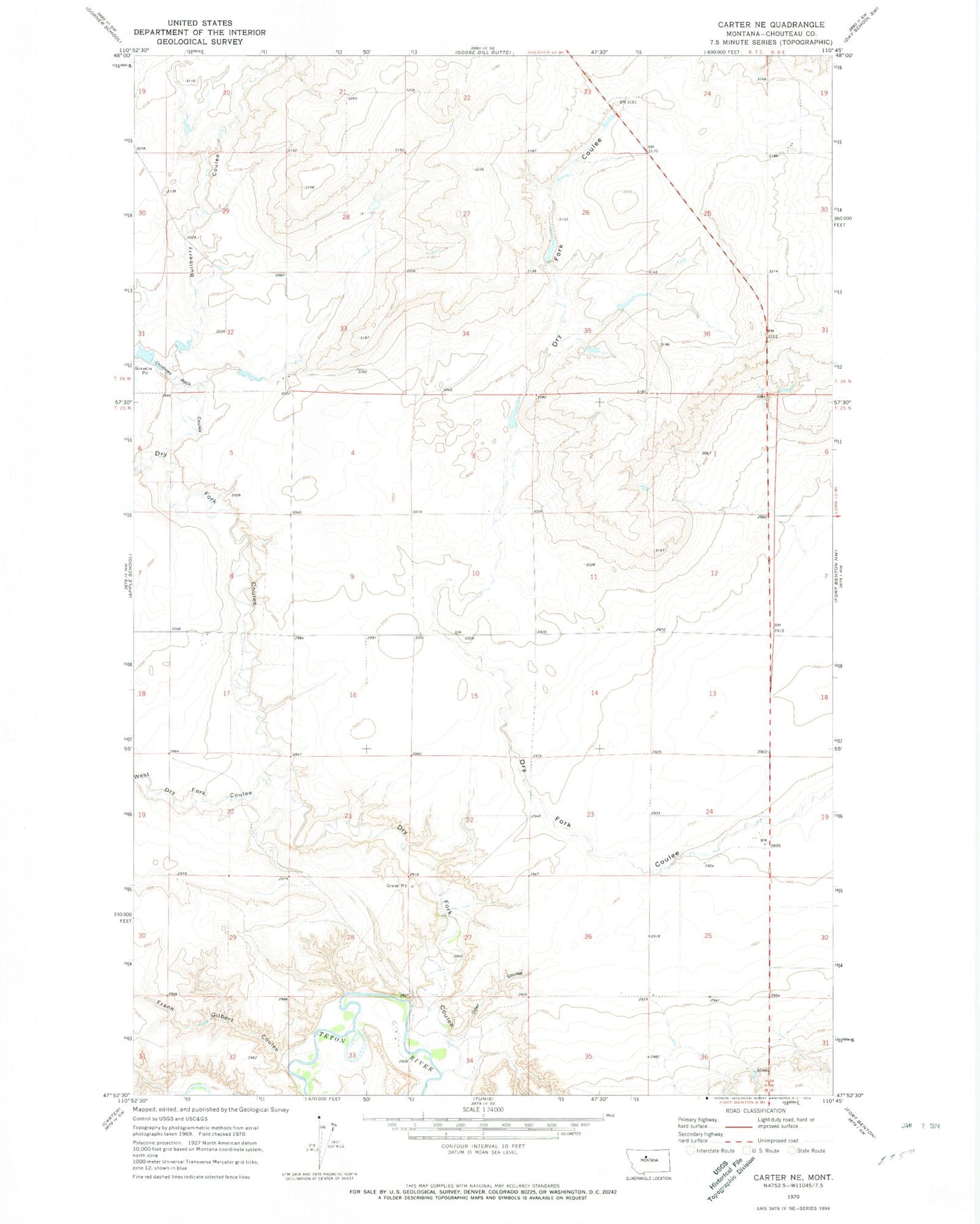 Classic USGS Carter NE Montana 7.5'x7.5' Topo Map Image