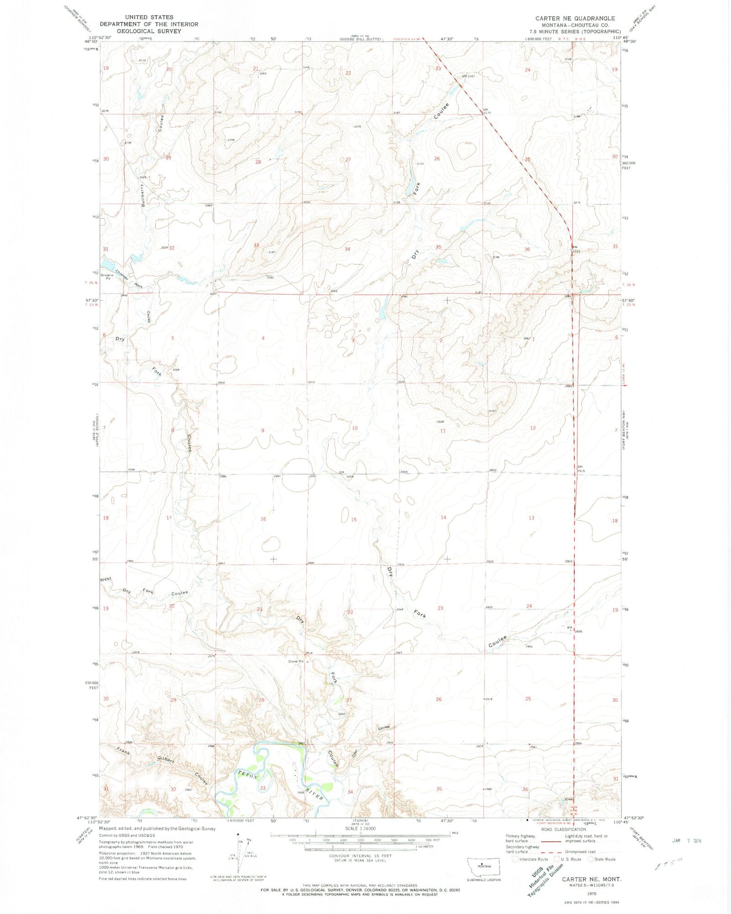 Classic USGS Carter NE Montana 7.5'x7.5' Topo Map Image