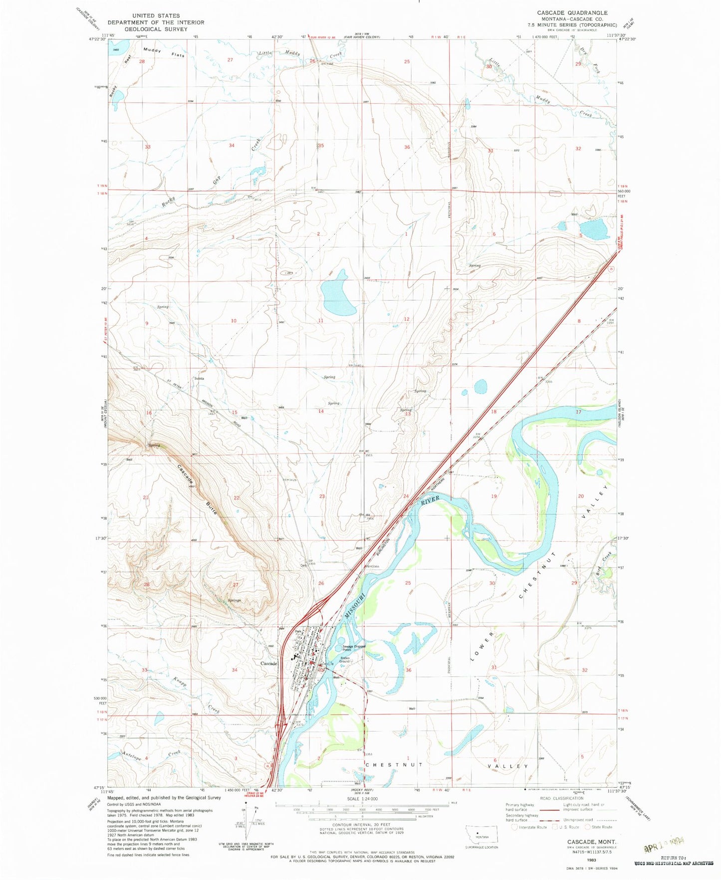 Classic USGS Cascade Montana 7.5'x7.5' Topo Map Image