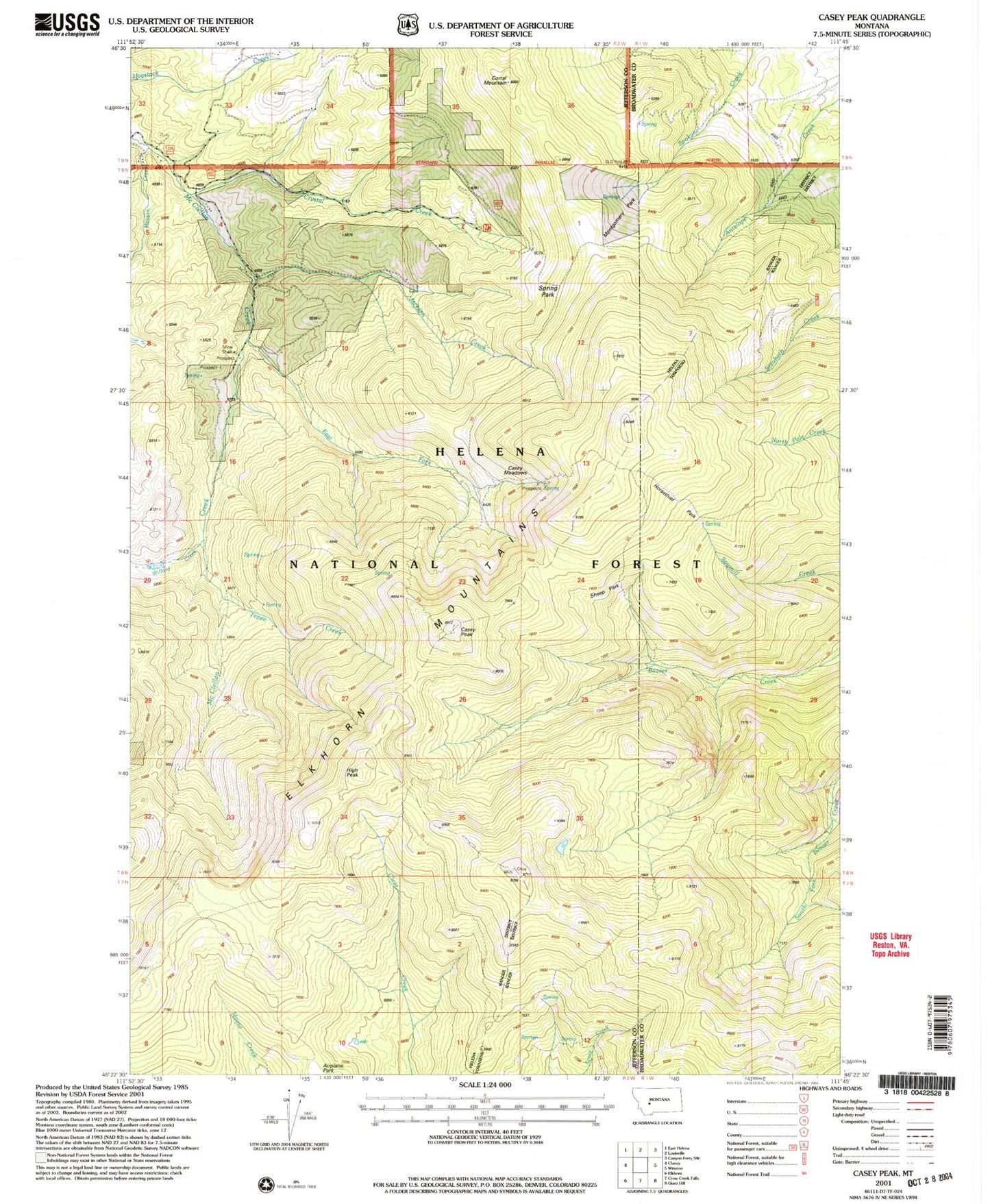 Classic USGS Casey Peak Montana 7.5'x7.5' Topo Map Image