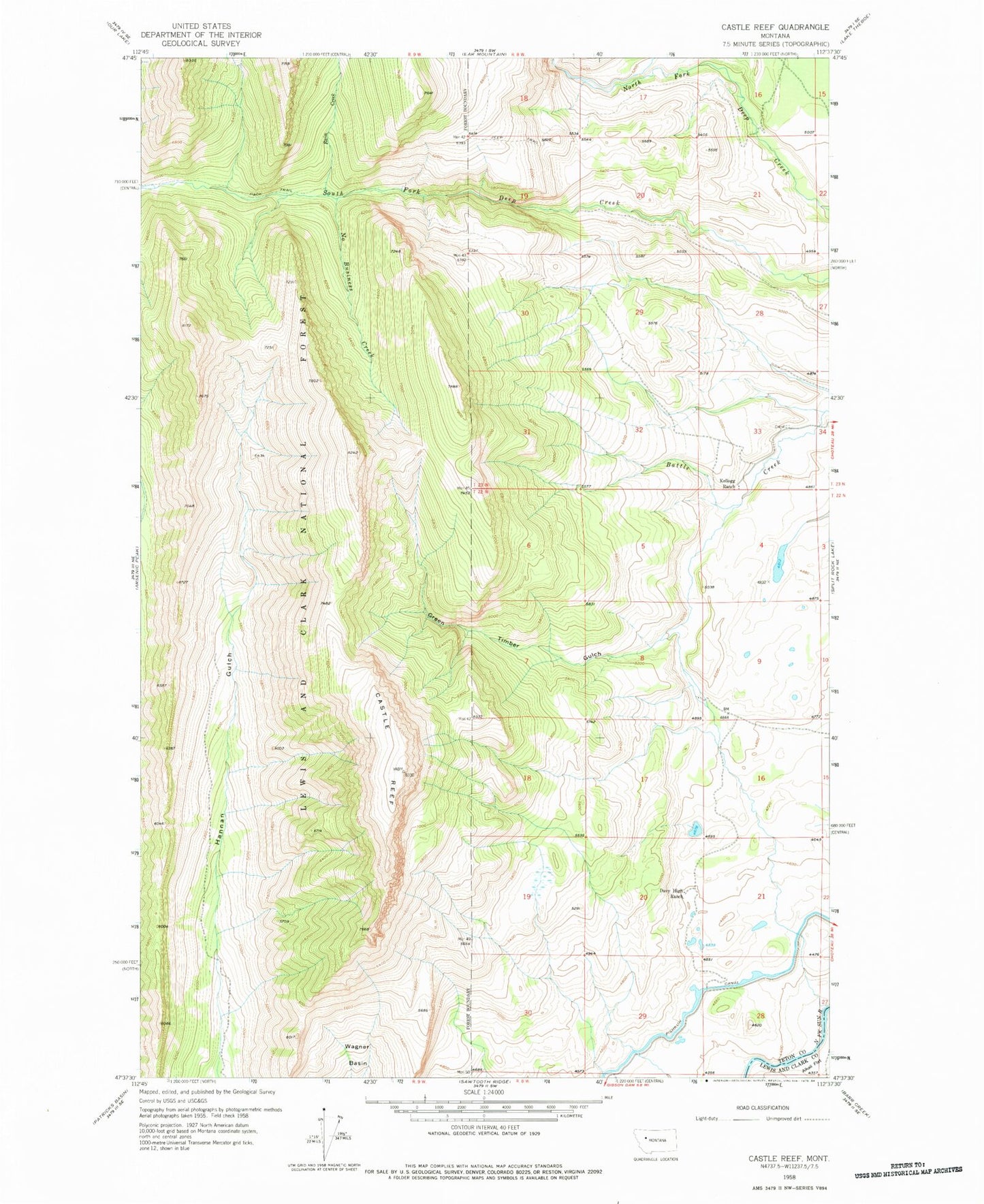 Classic USGS Castle Reef Montana 7.5'x7.5' Topo Map Image