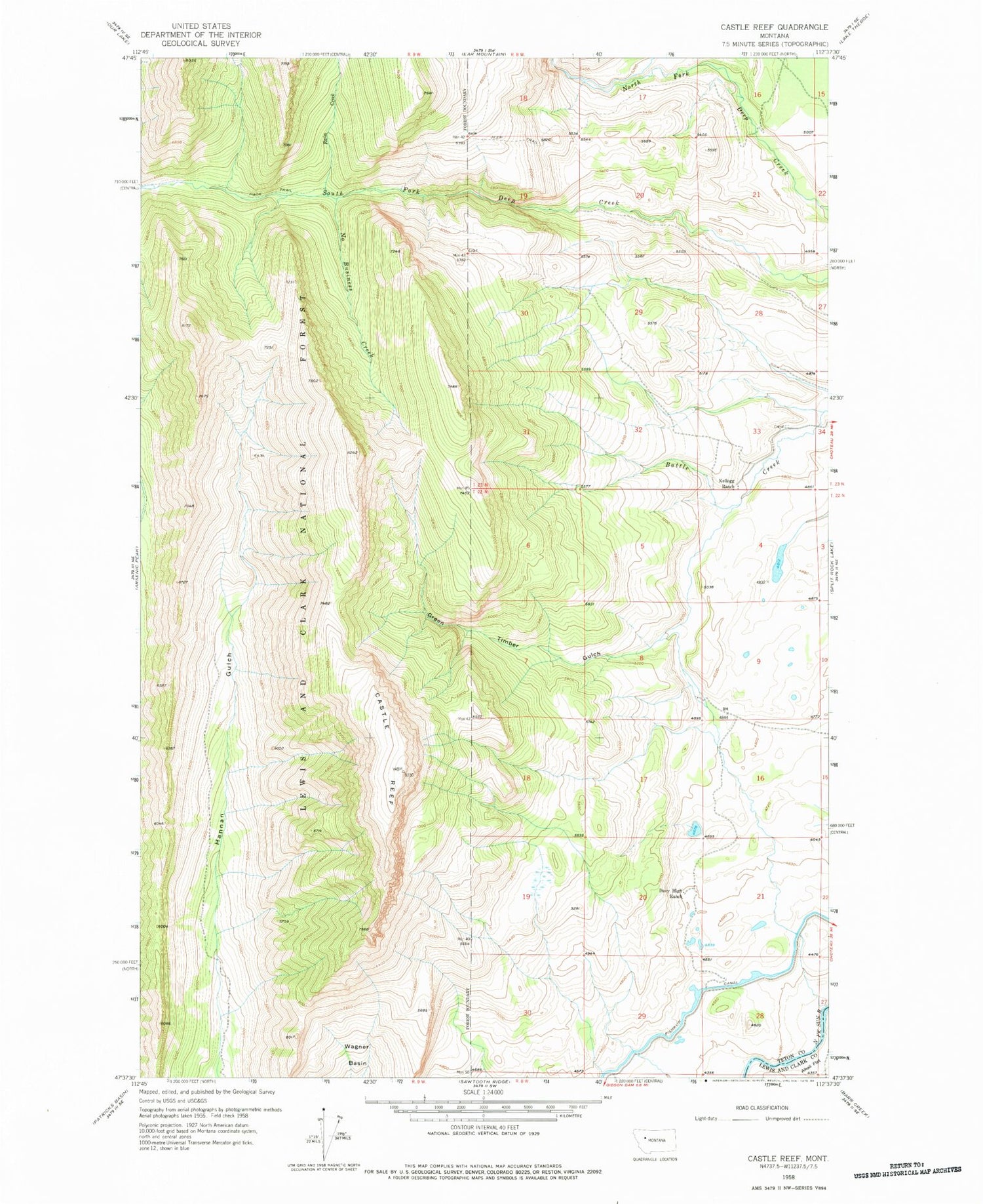 Classic USGS Castle Reef Montana 7.5'x7.5' Topo Map Image