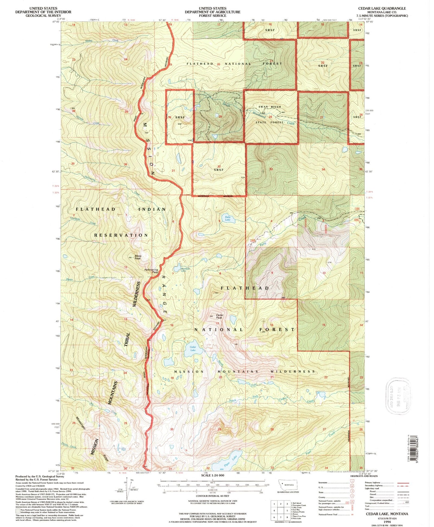 Classic USGS Cedar Lake Montana 7.5'x7.5' Topo Map Image
