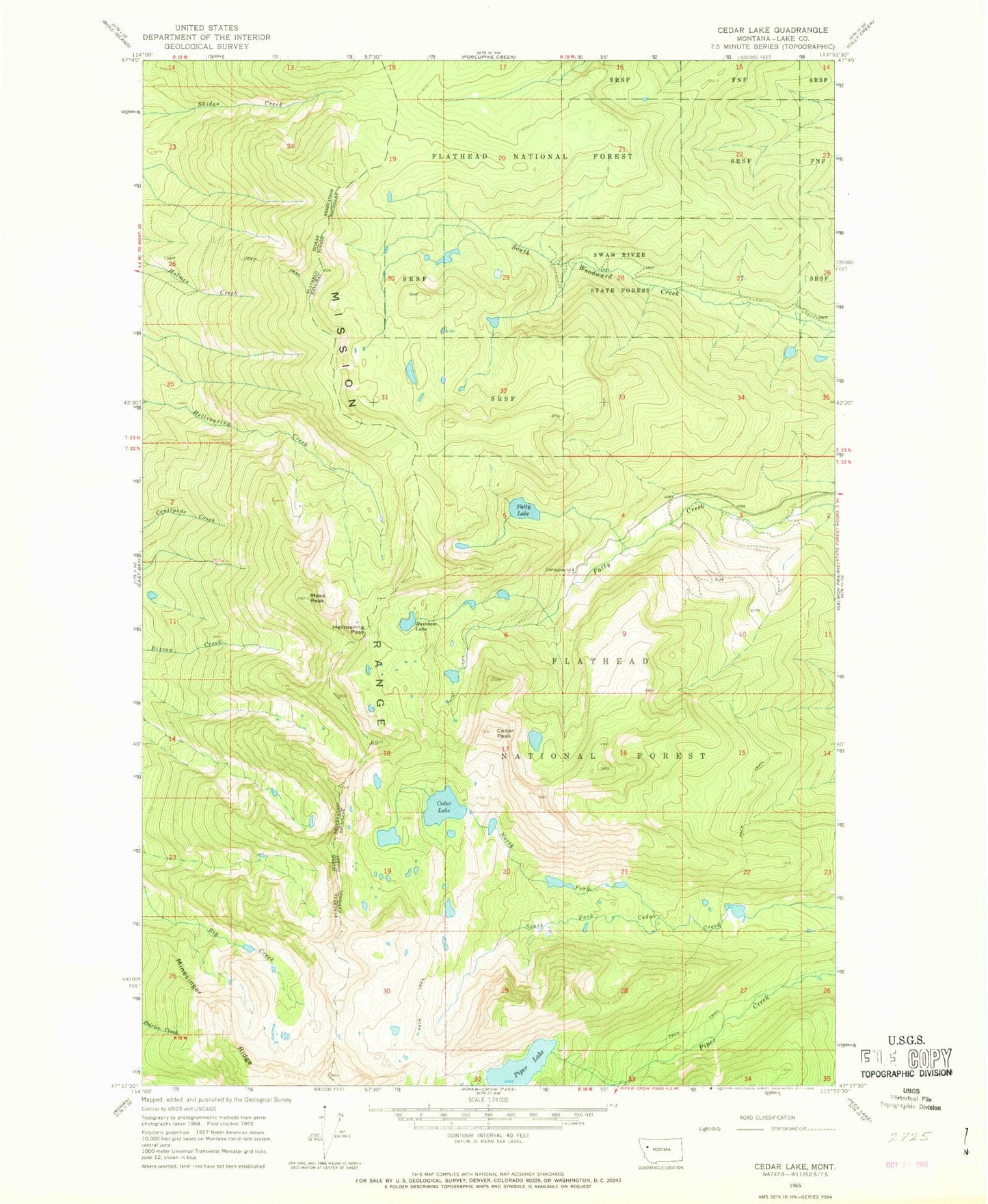 Classic USGS Cedar Lake Montana 7.5'x7.5' Topo Map Image