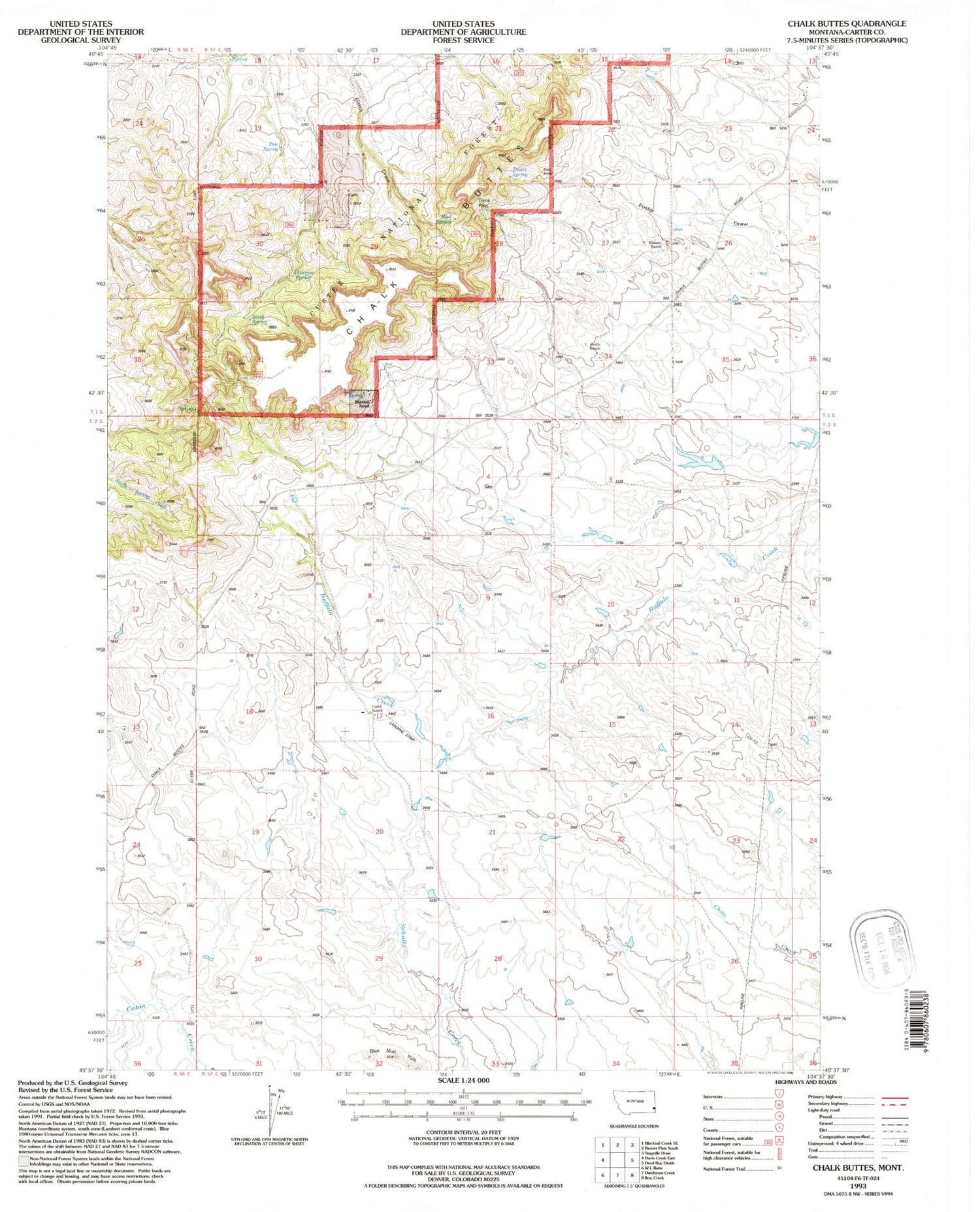 Classic USGS Chalk Buttes Montana 7.5'x7.5' Topo Map Image
