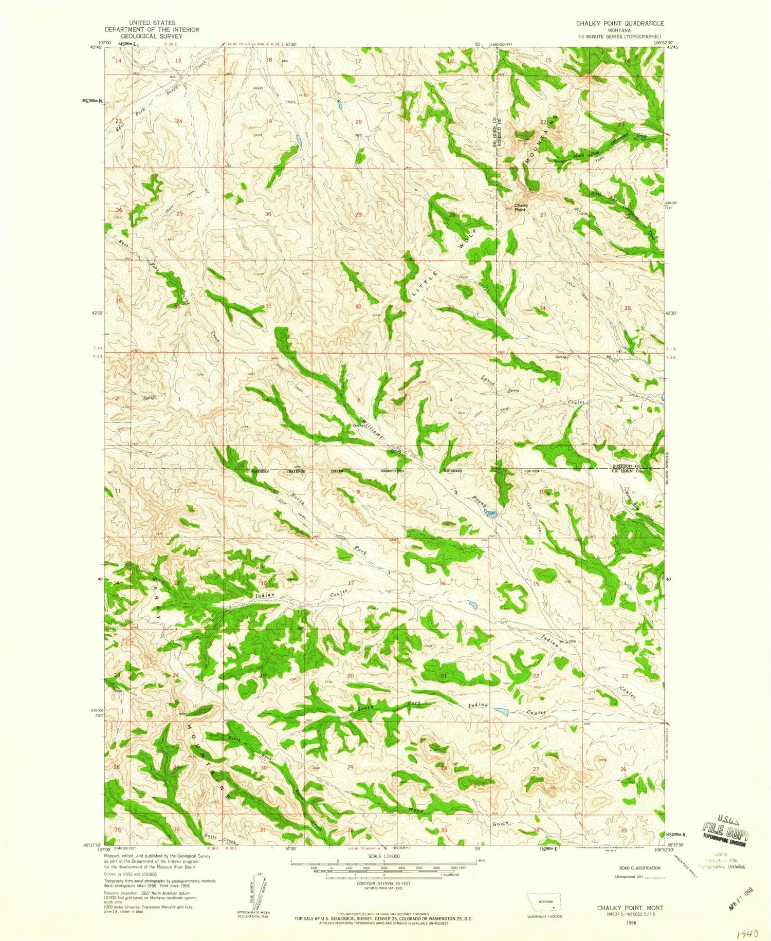 Classic USGS Chalky Point Montana 7.5'x7.5' Topo Map Image