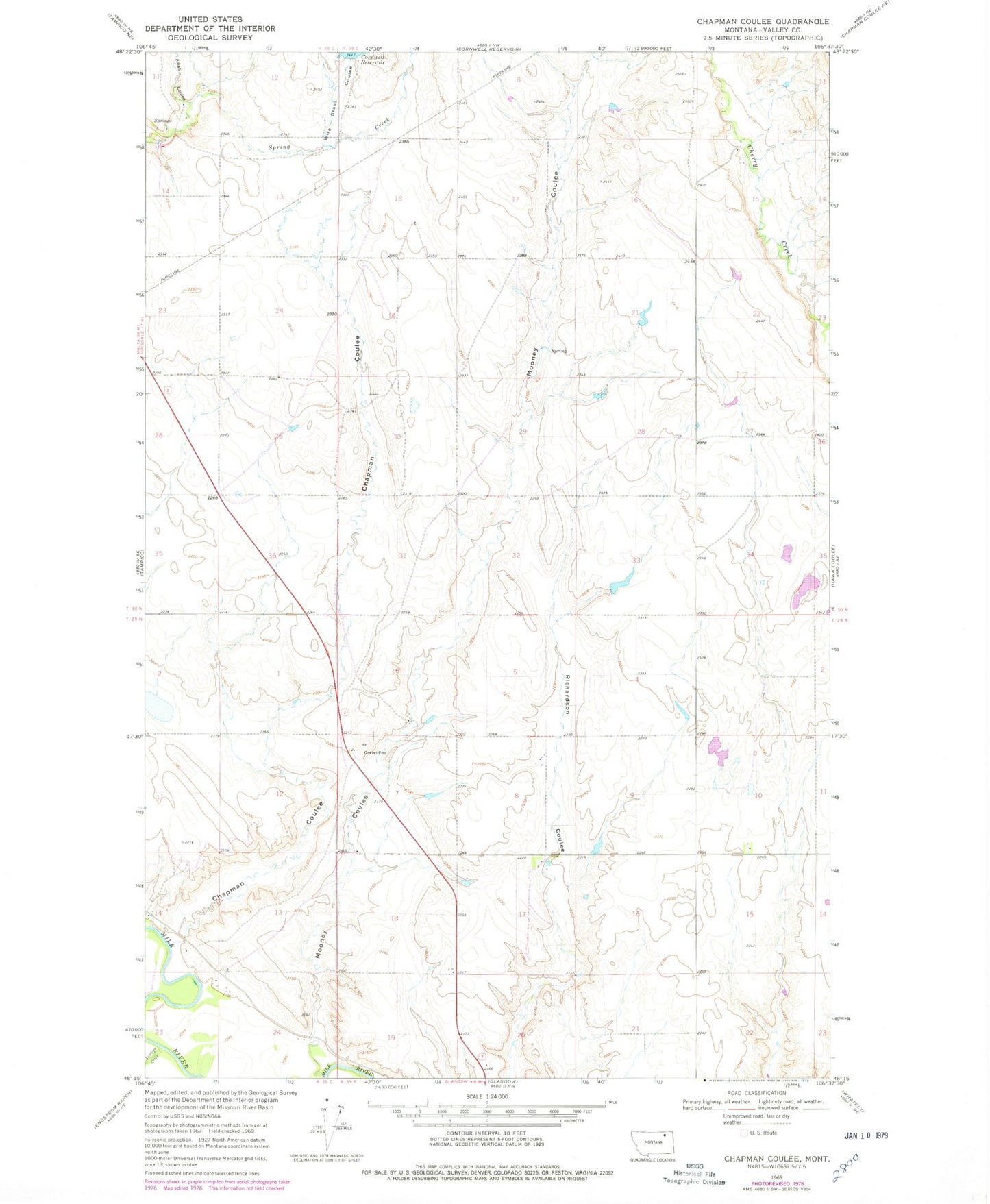 Classic USGS Chapman Coulee Montana 7.5'x7.5' Topo Map Image