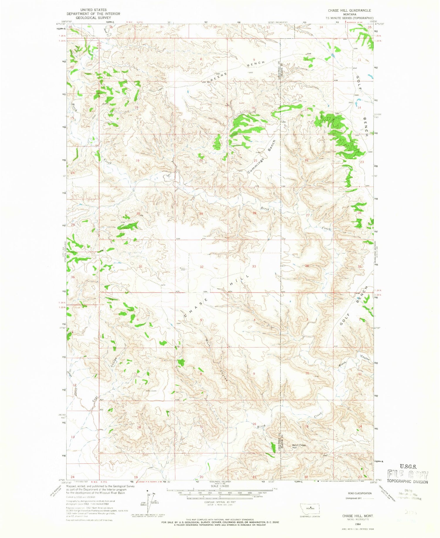 Classic USGS Chase Hill Montana 7.5'x7.5' Topo Map Image
