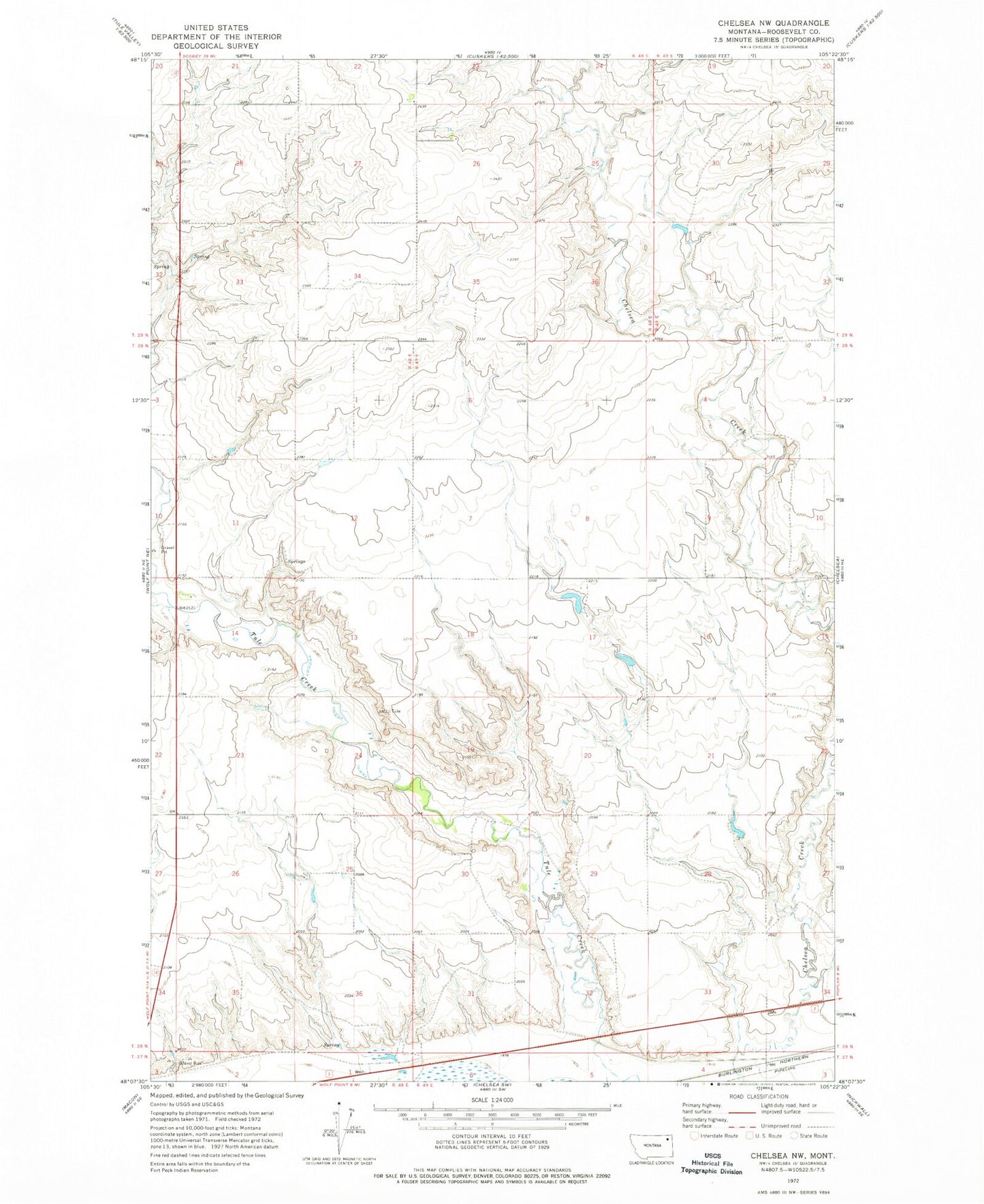 Classic USGS Chelsea NW Montana 7.5'x7.5' Topo Map Image