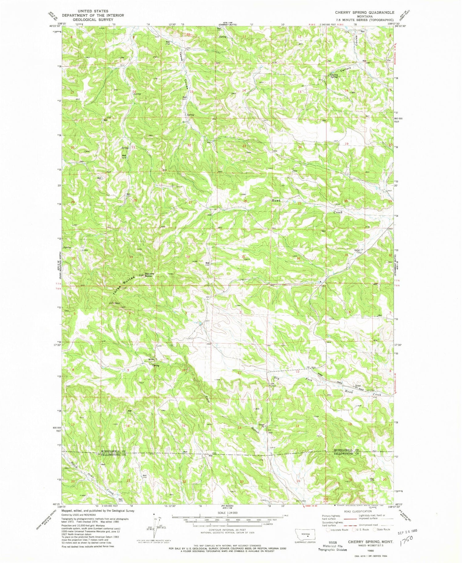 Classic USGS Cherry Spring Montana 7.5'x7.5' Topo Map Image
