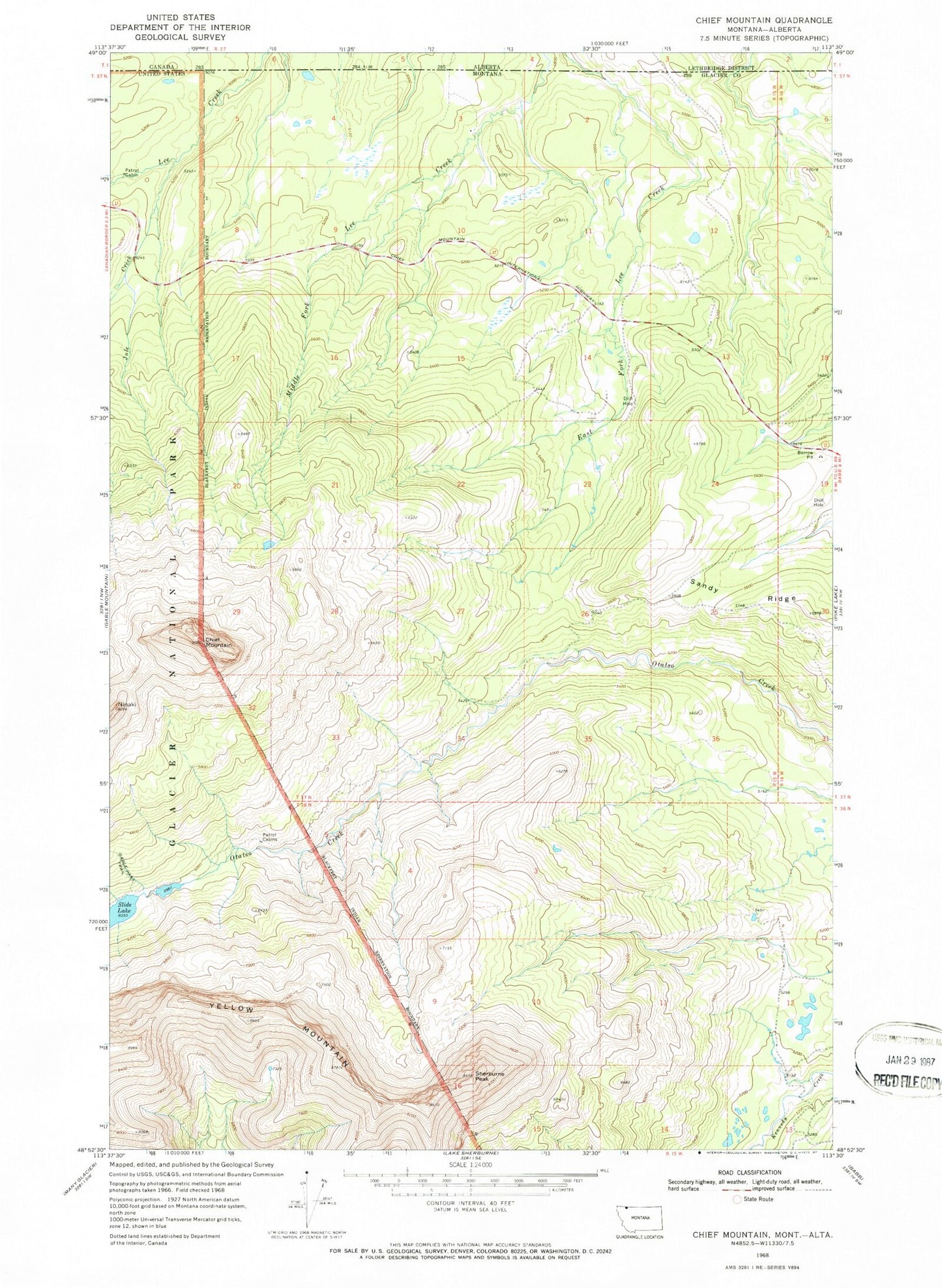 Classic USGS Chief Mountain Montana 7.5'x7.5' Topo Map Image