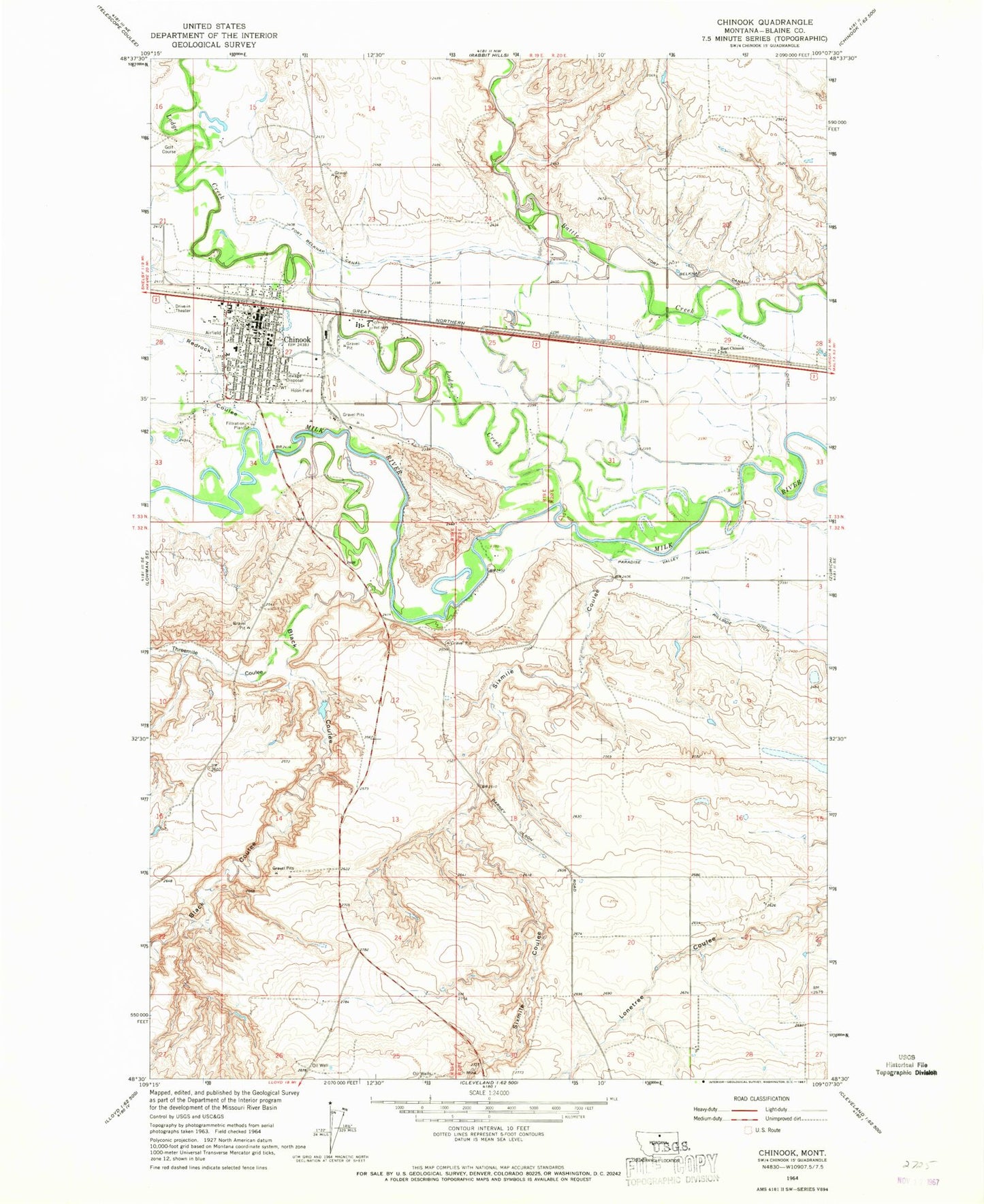 Classic USGS Chinook Montana 7.5'x7.5' Topo Map Image