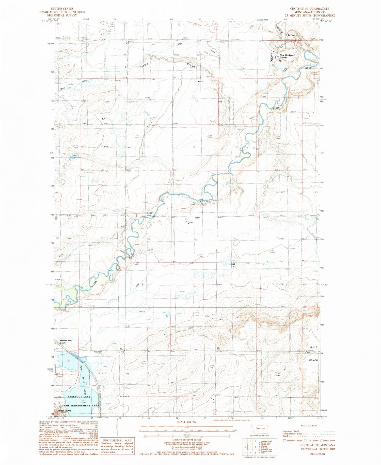 Classic USGS Choteau SE Montana 7.5'x7.5' Topo Map Image