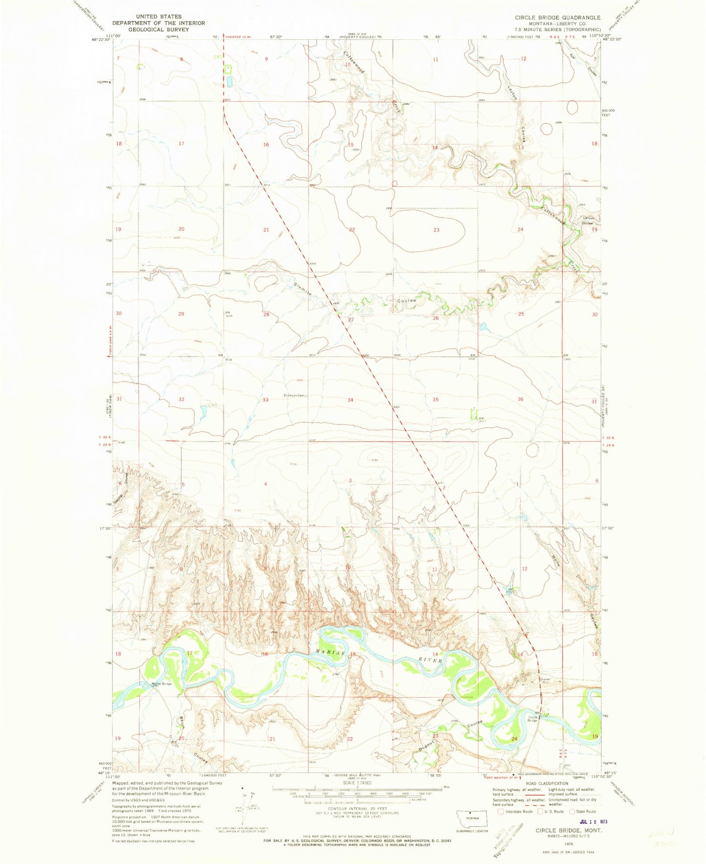 Classic USGS Circle Bridge Montana 7.5'x7.5' Topo Map Image