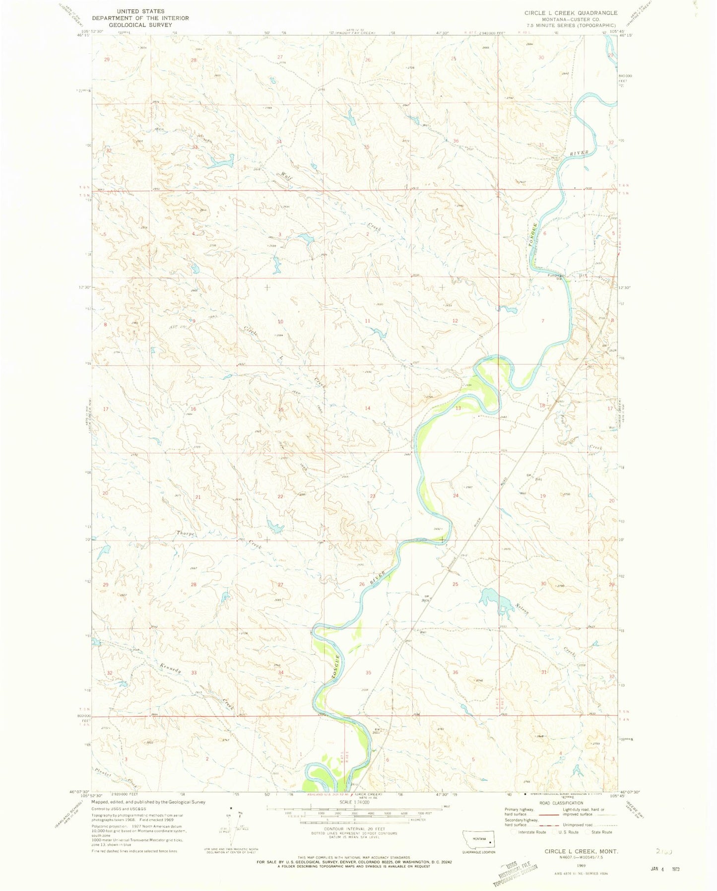 Classic USGS Circle L Creek Montana 7.5'x7.5' Topo Map Image