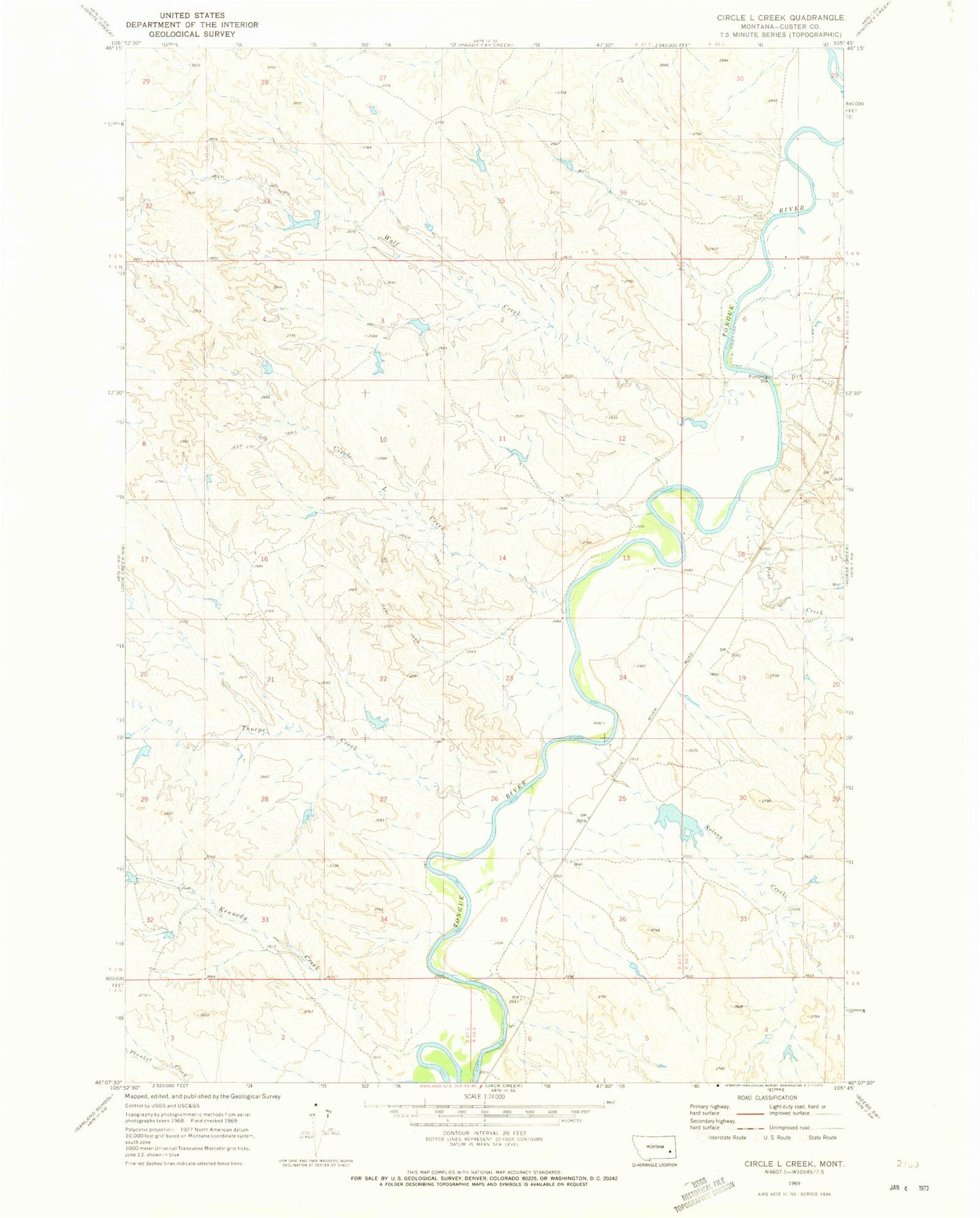 Classic USGS Circle L Creek Montana 7.5'x7.5' Topo Map Image