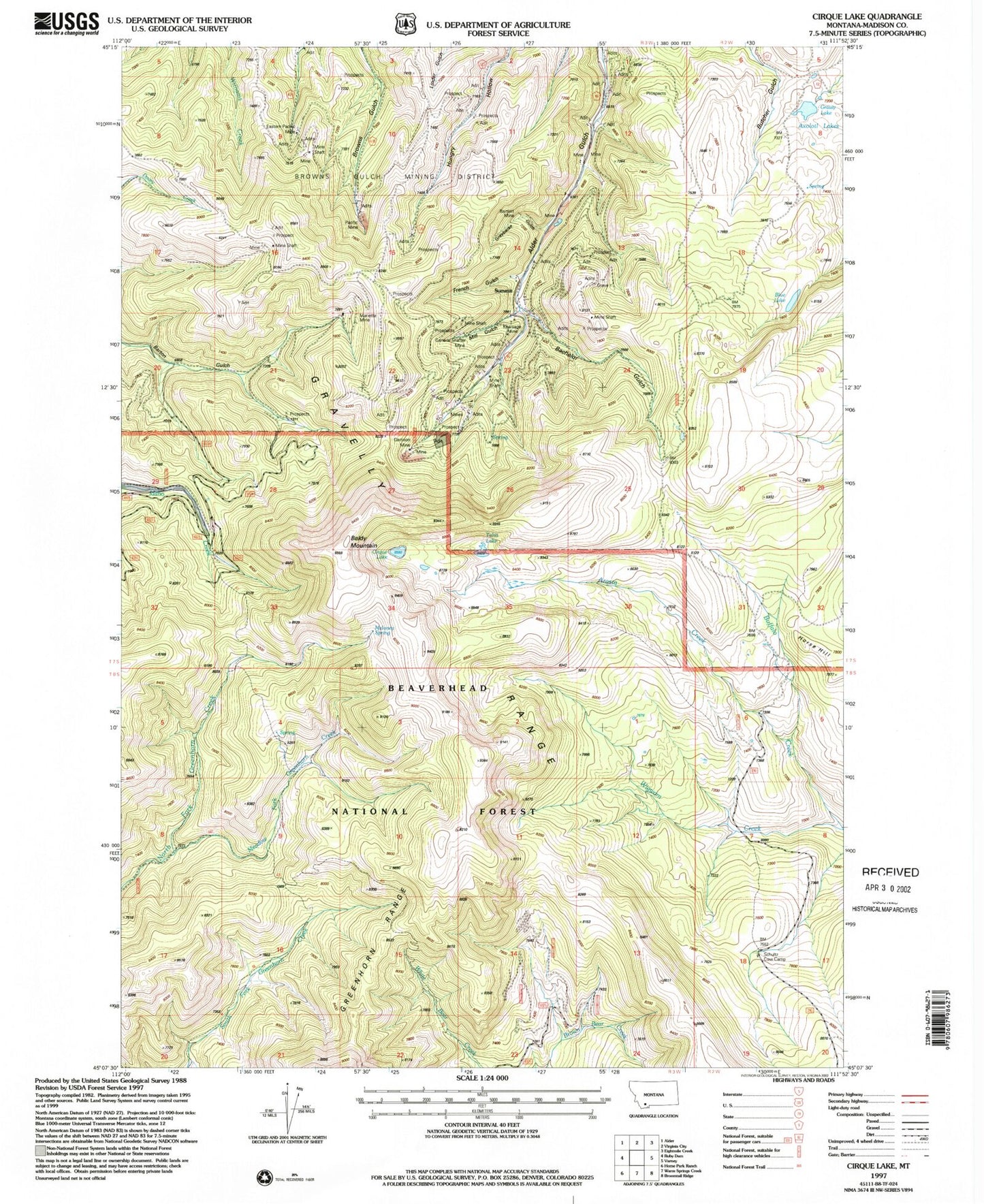 Classic USGS Cirque Lake Montana 7.5'x7.5' Topo Map Image