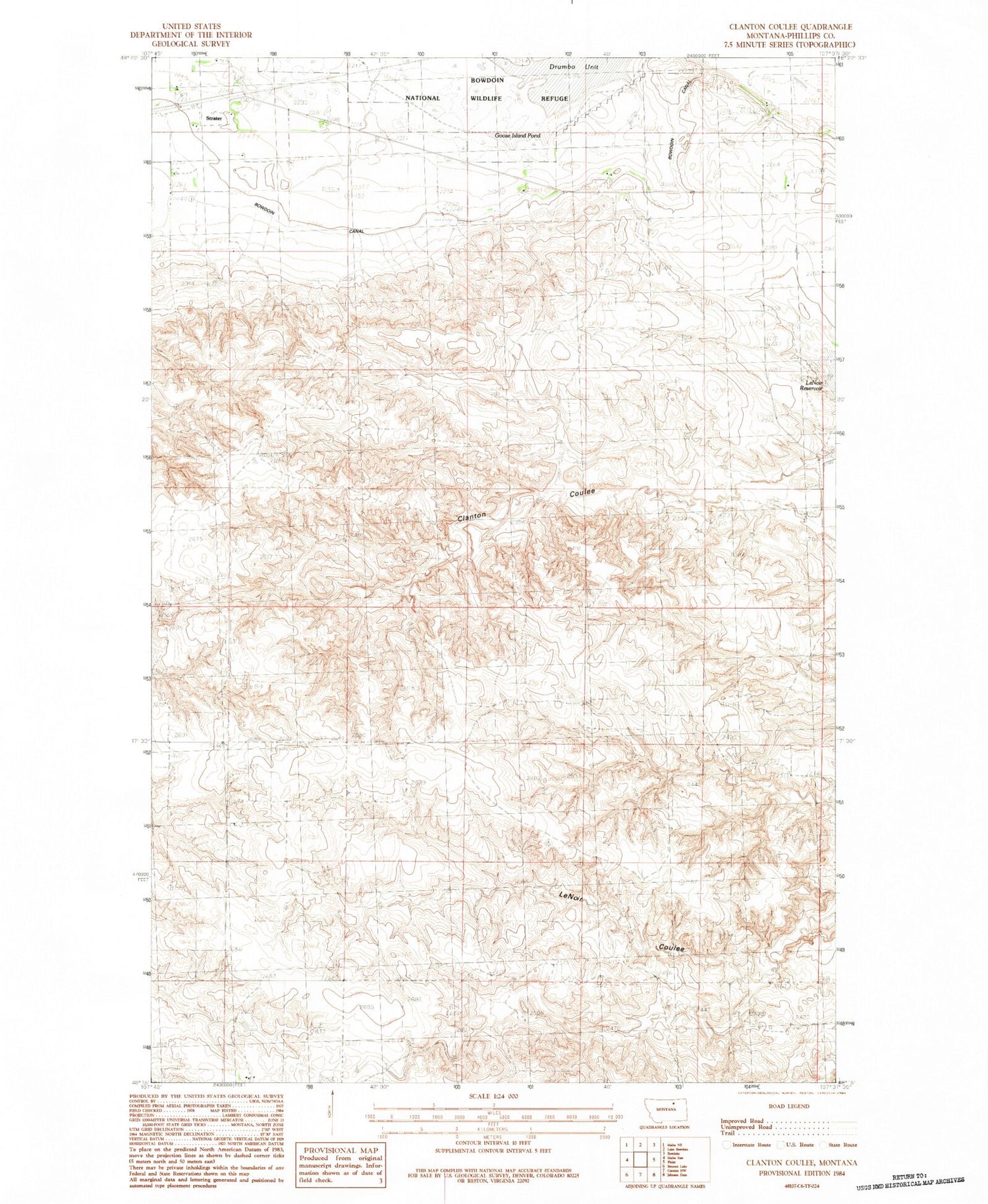 Classic USGS Clanton Coulee Montana 7.5'x7.5' Topo Map Image
